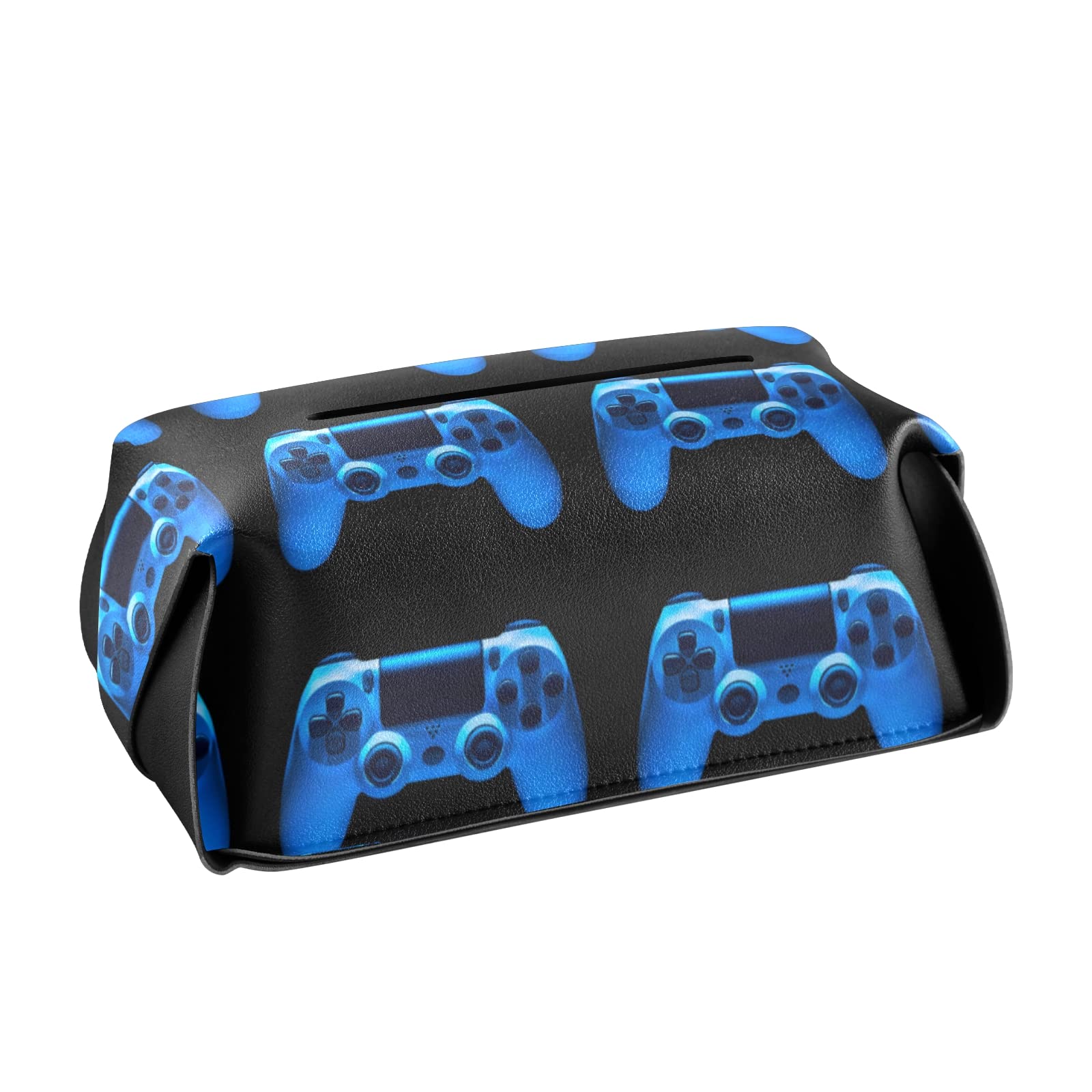 Blue Neon Light Video Game Joystick Shaped Leather Tissue Box Cover - 5.7x5.7x5.7 Inch with Handle for Bathroom, Home, Office & Car - Perfect for Gaming Rooms, Nightstands and Vanity Countertops
