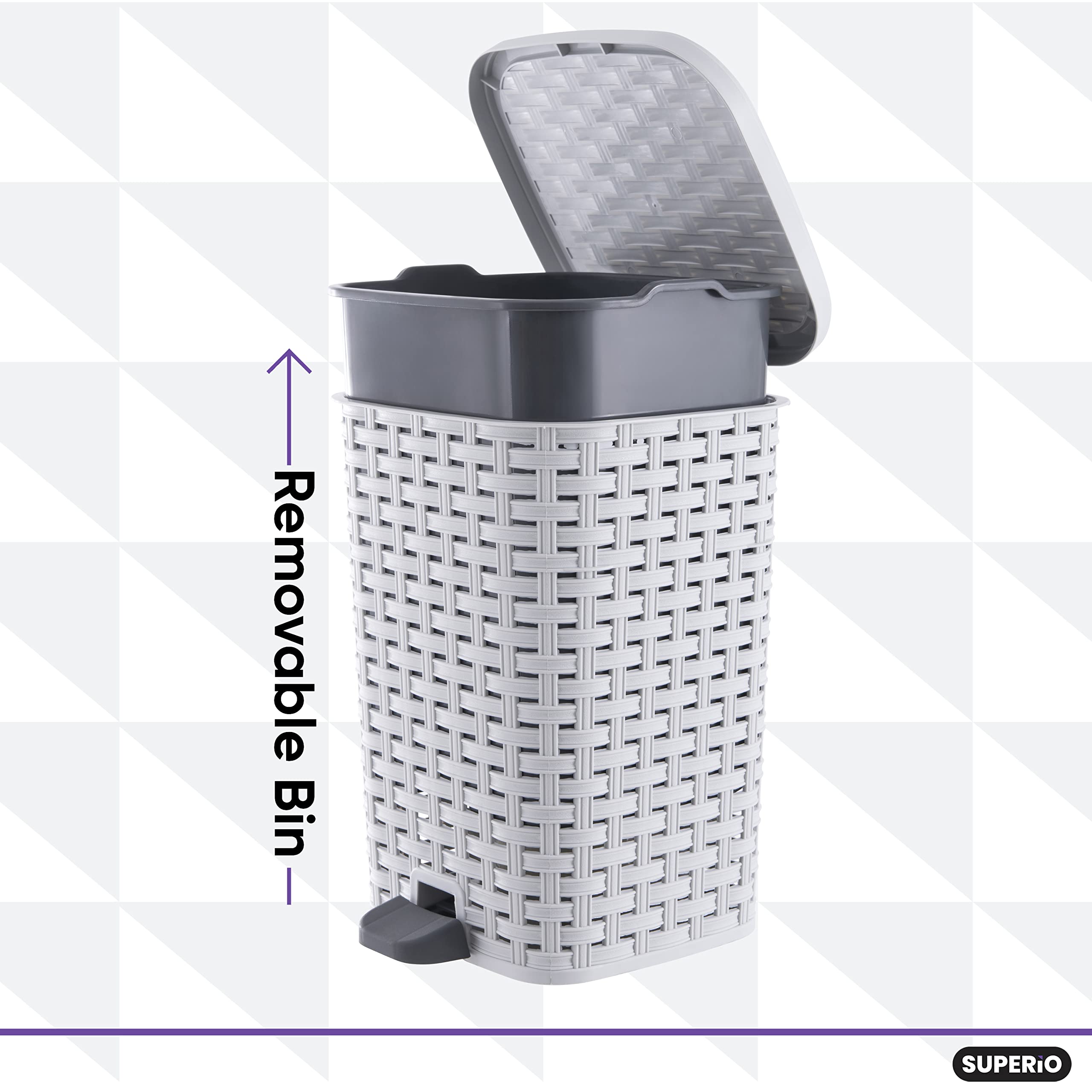 Superio 3 Gallon/12L Small Outdoor Trash Can with Lid - Foot Pedal Garbage Bin for Dog Poop, Bathroom, Bedroom, Office & Patio - Durable Plastic Waste Basket for Home, Garden & Pet Waste Disposal