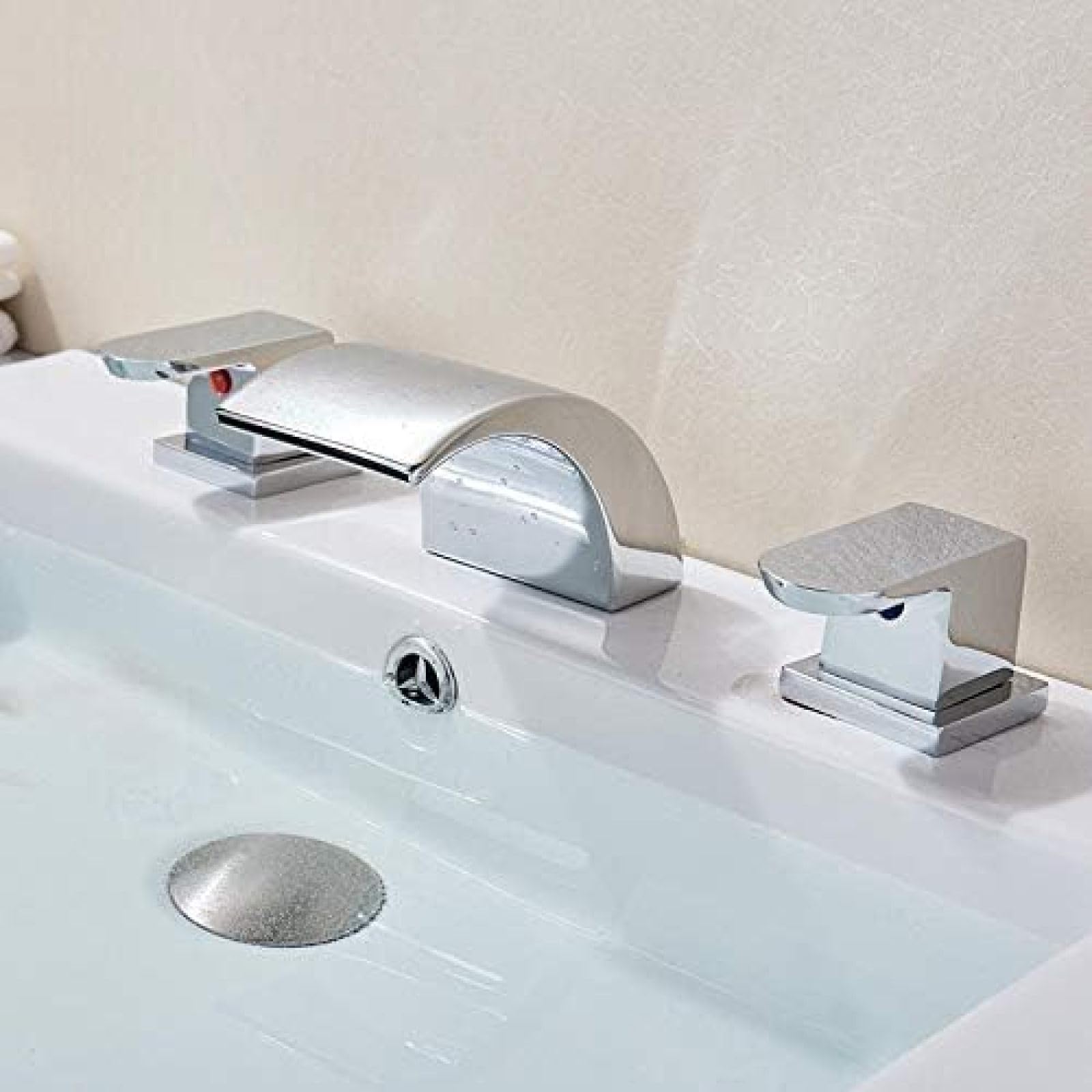 CRJUS Waterfall Basin Faucet - Widespread Bathroom Sink Mixer Tap with Dual Handle for Hot & Cold Water - Chrome Finish for Modern Vanity, Perfect for Home & Hotel Bathroom Renovation