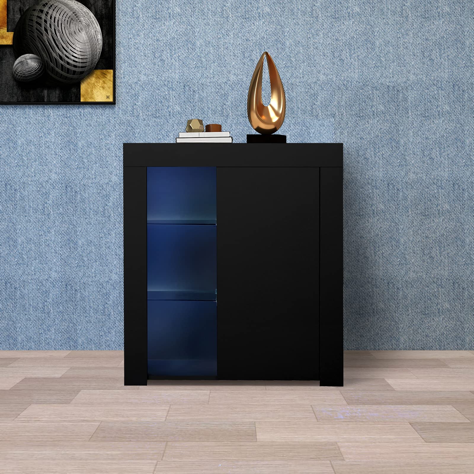 PovKeever Modern LED Sideboard Cabinet - High Gloss Free Standing Storage with Glass Door & Open Shelf - Buffet Cabinet for Bathroom, Entryway, Kitchen - Perfect for Small Space Organization (Black)
