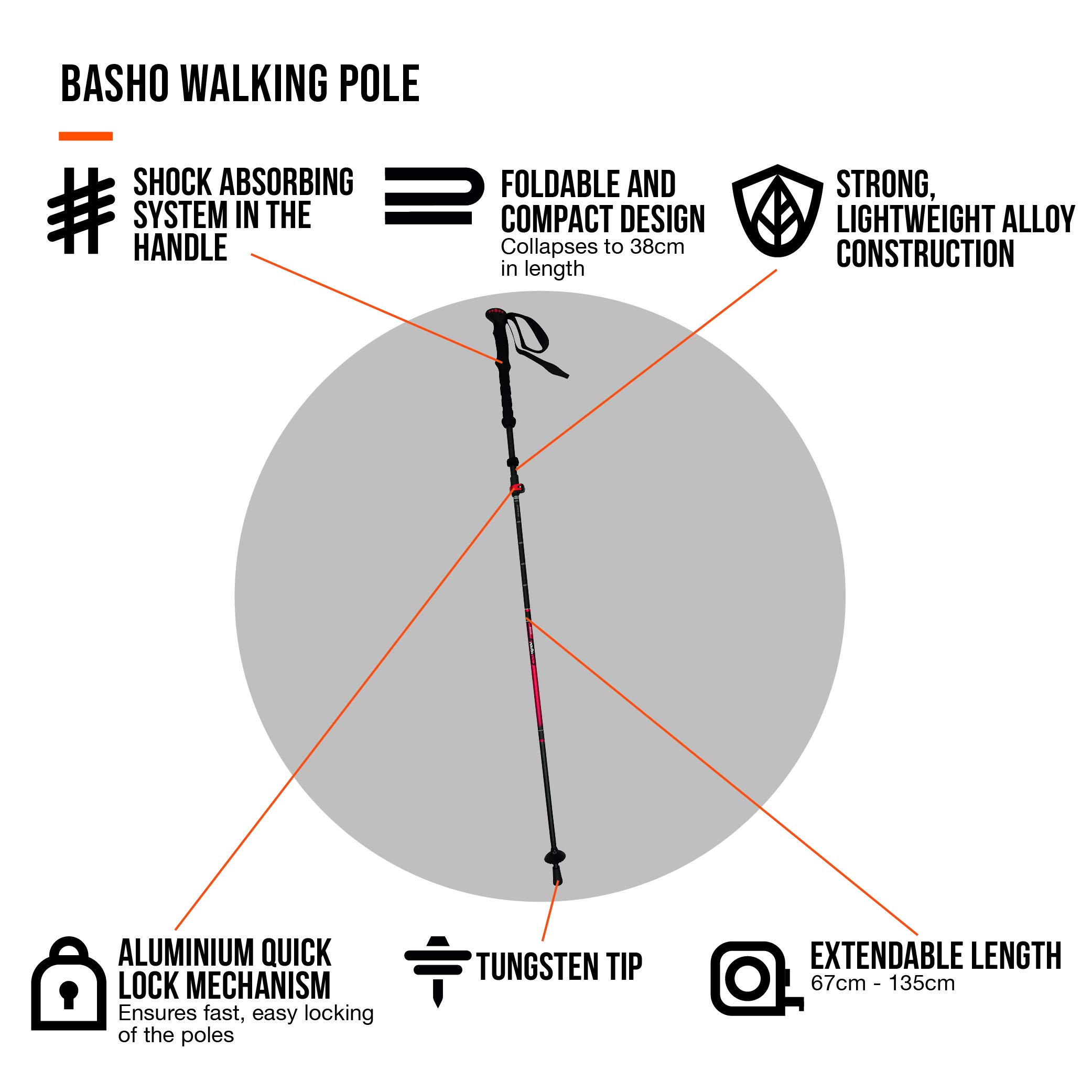 Vango Basho Lightweight Adjustable Folding Trekking Pole for Hiking, Backpacking & Camping - Perfect for Outdoor Adventures & Travel