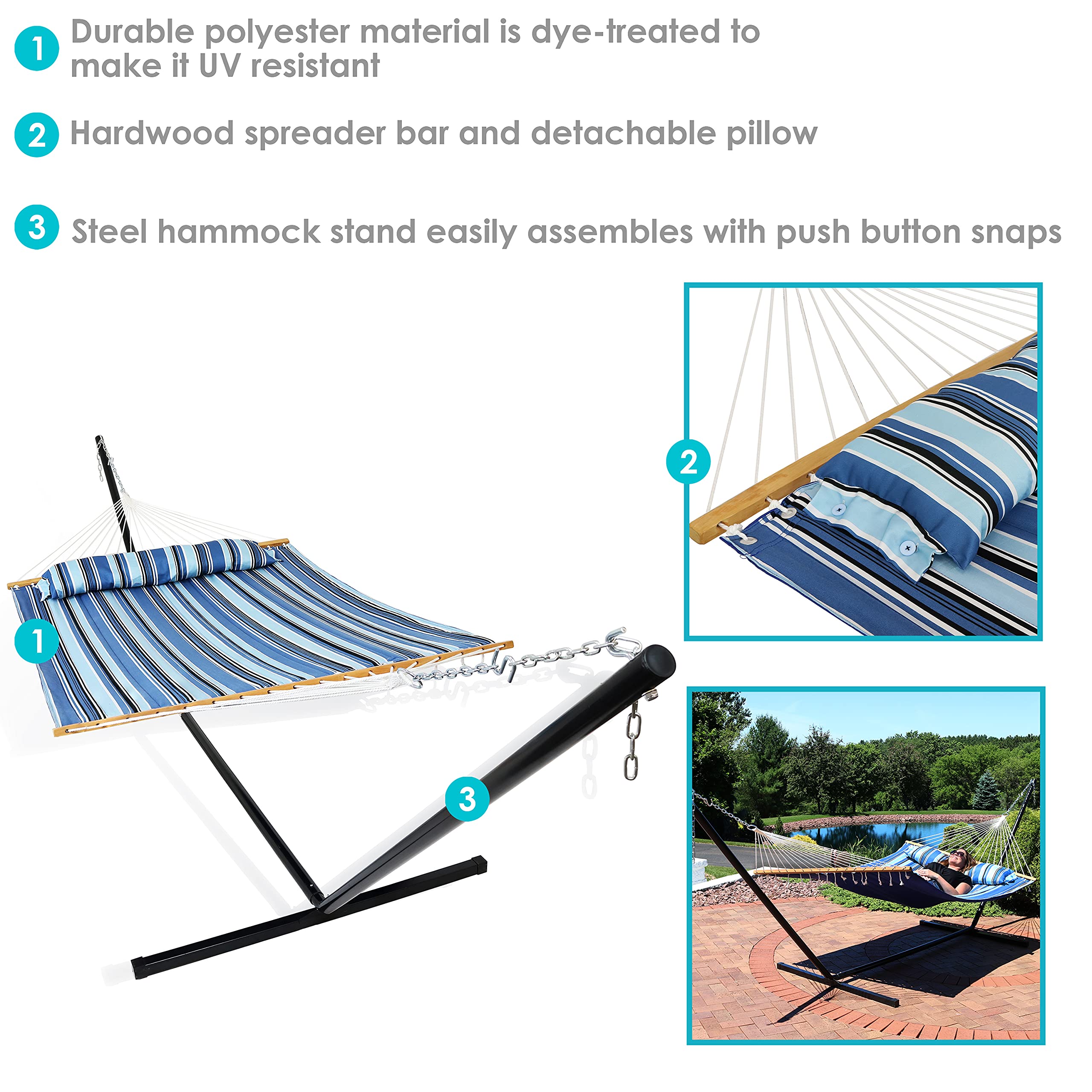 SunnyDaze Quilted Double Hammock with Stand - 400 lb Capacity Outdoor Hammock for 2 People - 15 ft Steel Frame - Perfect for Backyard, Beach & Camping - Misty Beach Design