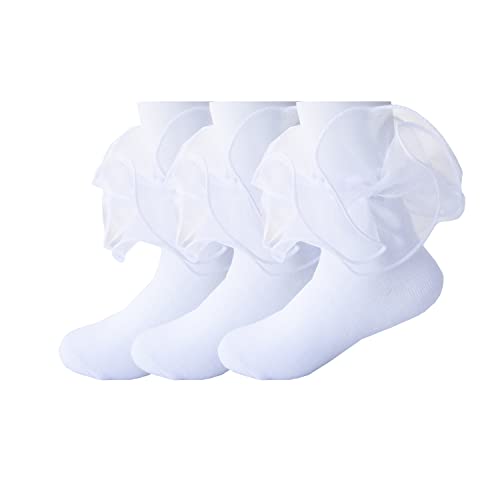 Deeorla Toddler Girls Big Ruffle Lace Socks - White Cotton Frilly Princess Ankle Socks for Little Kids | Perfect for Dress Up, Parties & Special Occasions