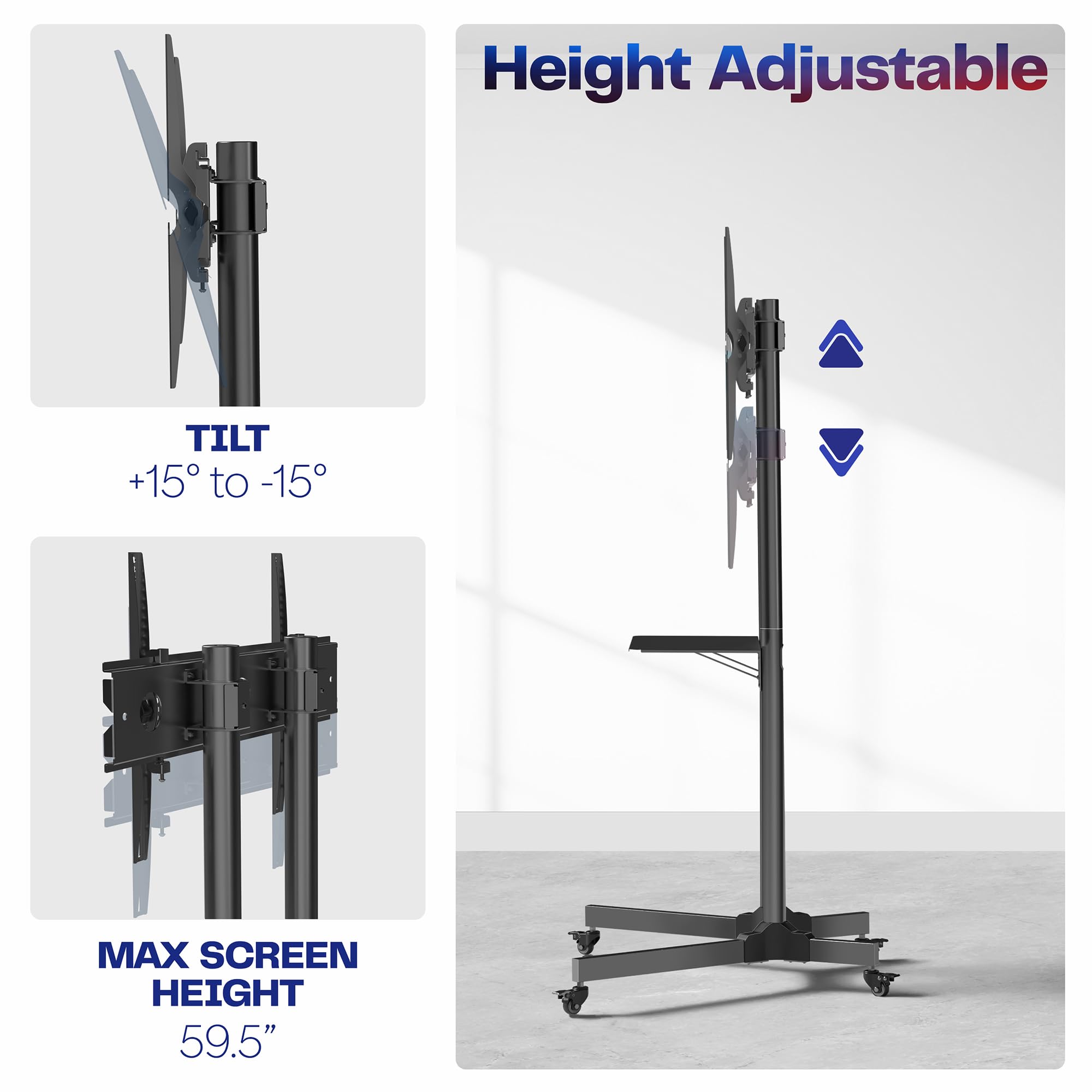VIVO Mobile TV Stand Cart for 32 to 83 Inch Screens up to 110 lbs - Universal Rolling TV Mount for LCD LED OLED 4K Smart Flat & Curved TVs - Heavy Duty Stand with Laptop Shelf, DVD Storage & Locking Wheels - Max VESA 600x400 - Perfect for Living Room, Bedroom or Office (Black, Model STAND-TV03E)