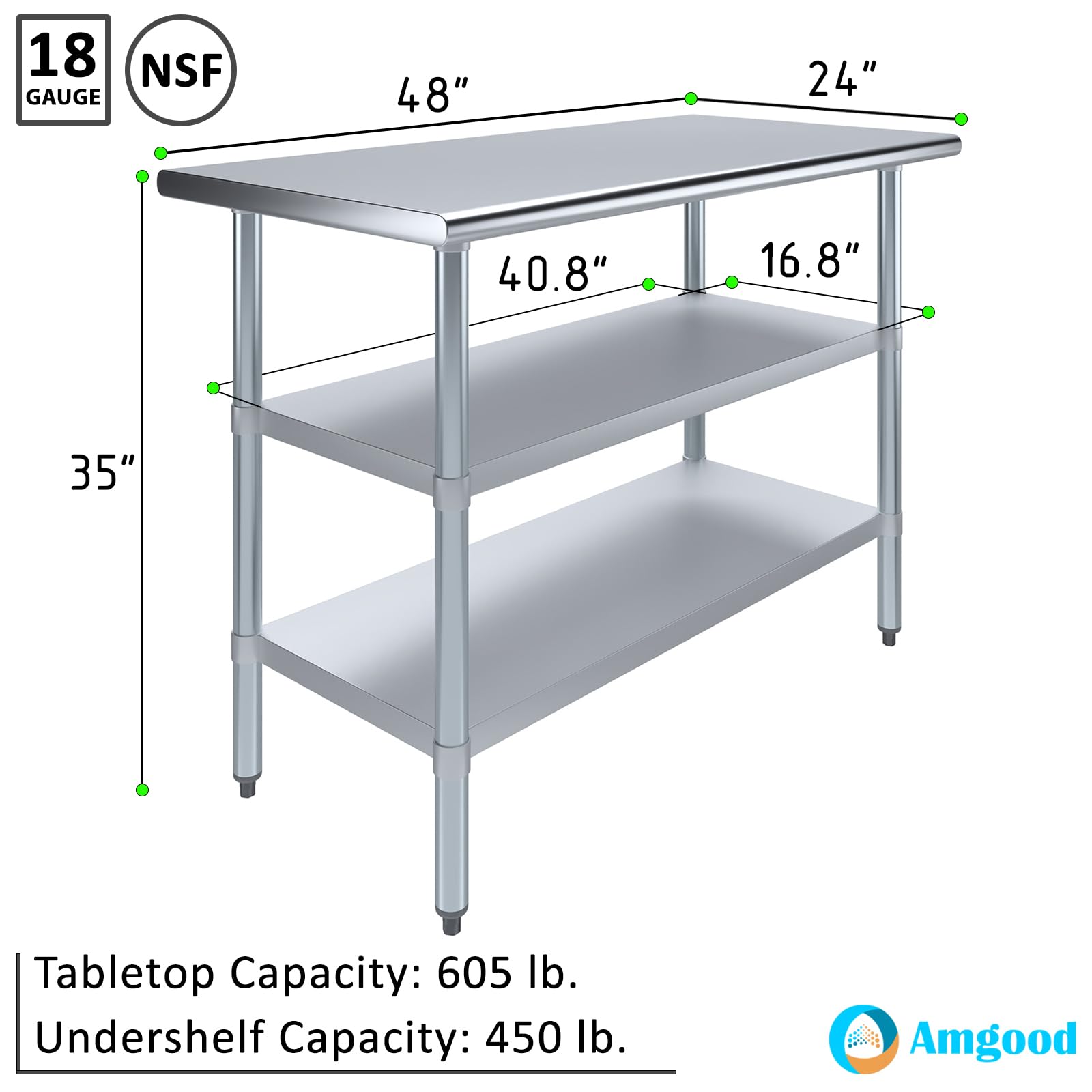 Stainless Steel Work Table with 2 Shelves - 48
