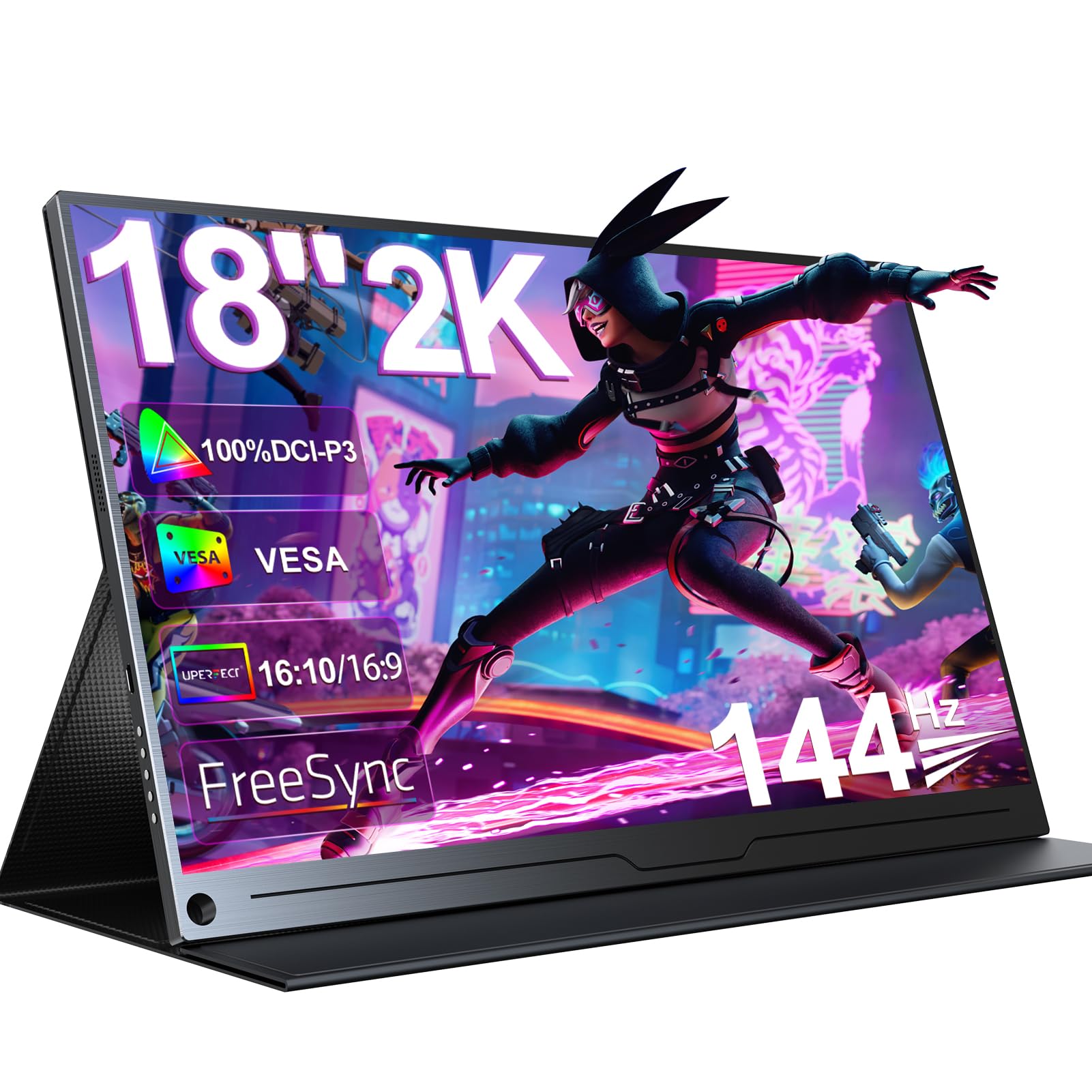 UPERFECT 18 Inch 2K Portable Gaming Monitor 144Hz, 2560x1600 IPS Display with FreeSync/HDR/100% sRGB, Matte Screen 300Nit, HDMI/Type-C for PC/Laptop/PS5/Xbox/Switch - Perfect for Gaming, Work & Travel