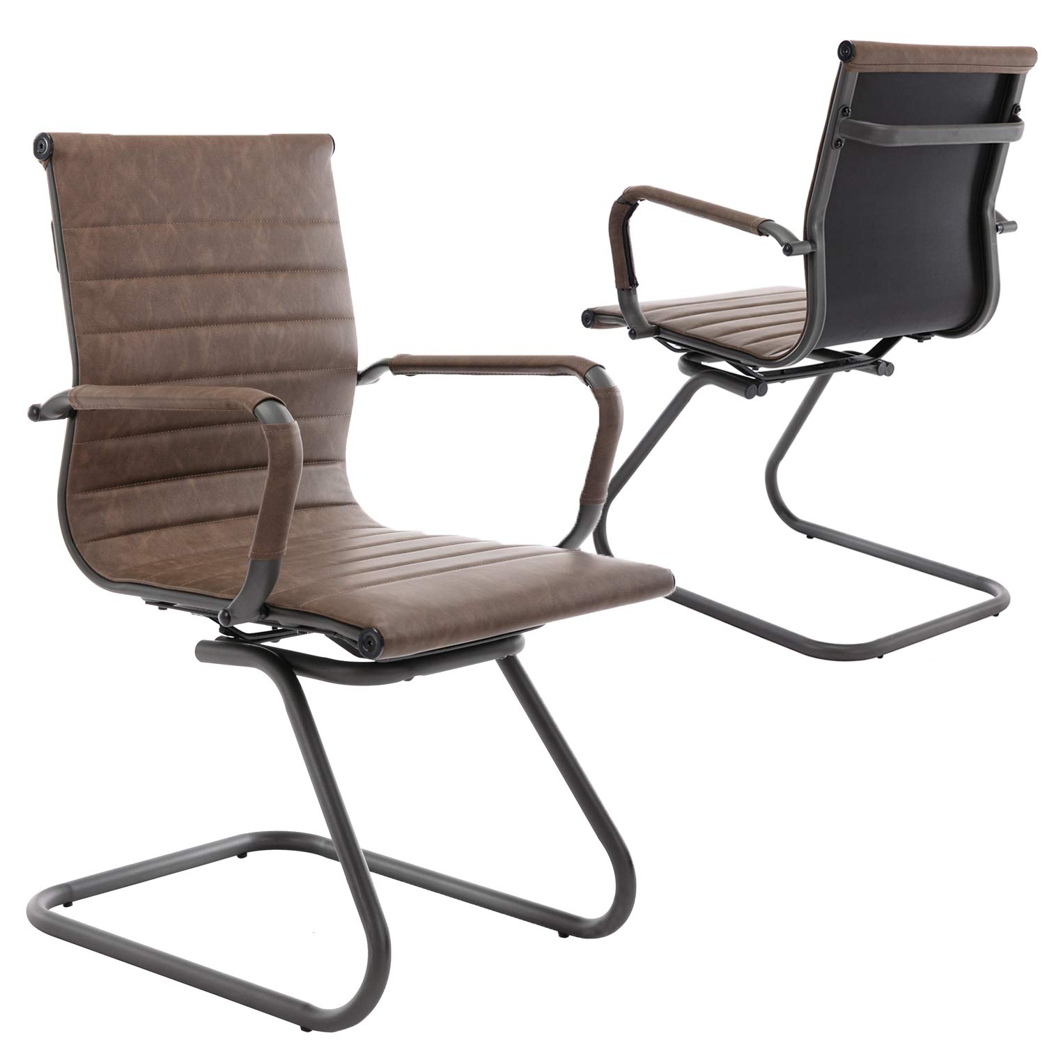Wahson Office Guest Chairs No Wheels - Leather Reception Waiting Room Chairs with Sled Base, Mid Back Conference Chairs for Meeting Room, Lobby & Office (2 Pack, Brown) - Perfect for Business Waiting Areas, Conference Rooms & Corporate Reception Spaces