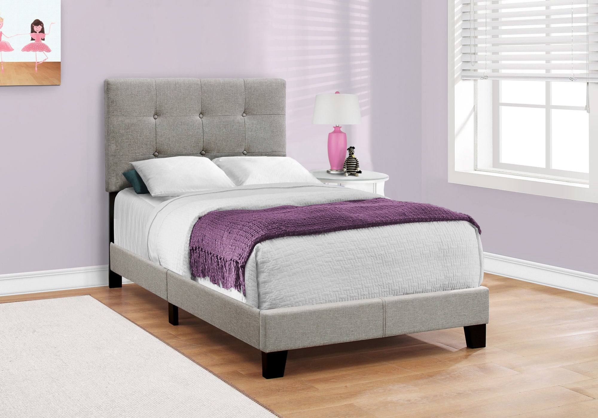 Twin Size Bed Frame with Grey Linen Upholstery - Modern Minimalist Platform Bed for Small Spaces, Guest Rooms & Dormitories