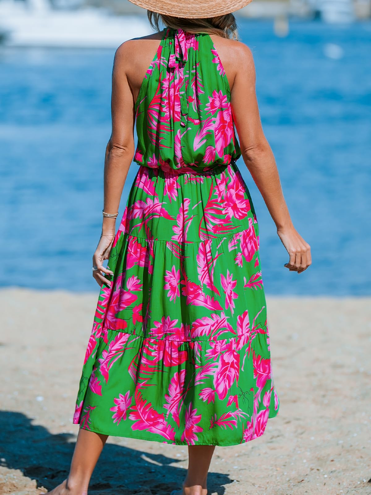 CUPSHE Women's Floral Midi Dress - Halter Neck, Sleeveless, Belted Ruffled A-Line Summer Dress for Casual Wear | Perfect for Beach, Vacation, and Outdoor Events