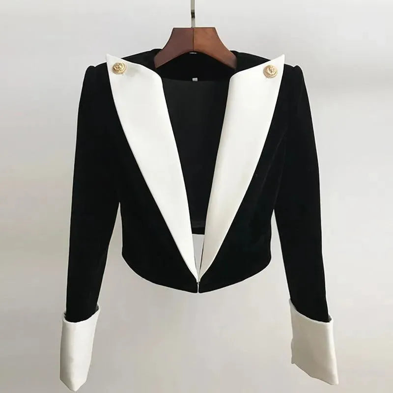 Women's Patchwork Velvet Cropped Blazer Jacket for Party, Dinner & Night Out - Stylish Evening Wear for Women