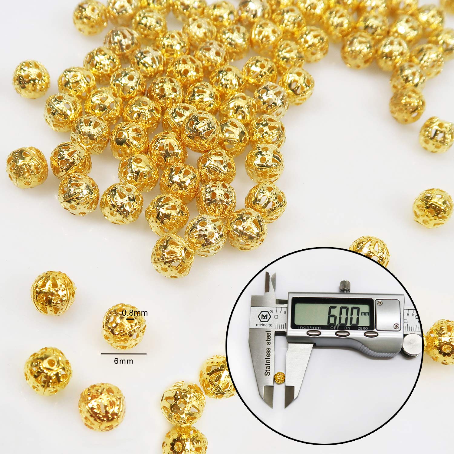 100pcs 6mm Gold Spacer Beads - Hollow Filigree Round Metal Beads for DIY Jewelry Making, Bracelets, Necklaces & Earrings - Perfect for Crafting, Gift Making and Boho Style Accessories
