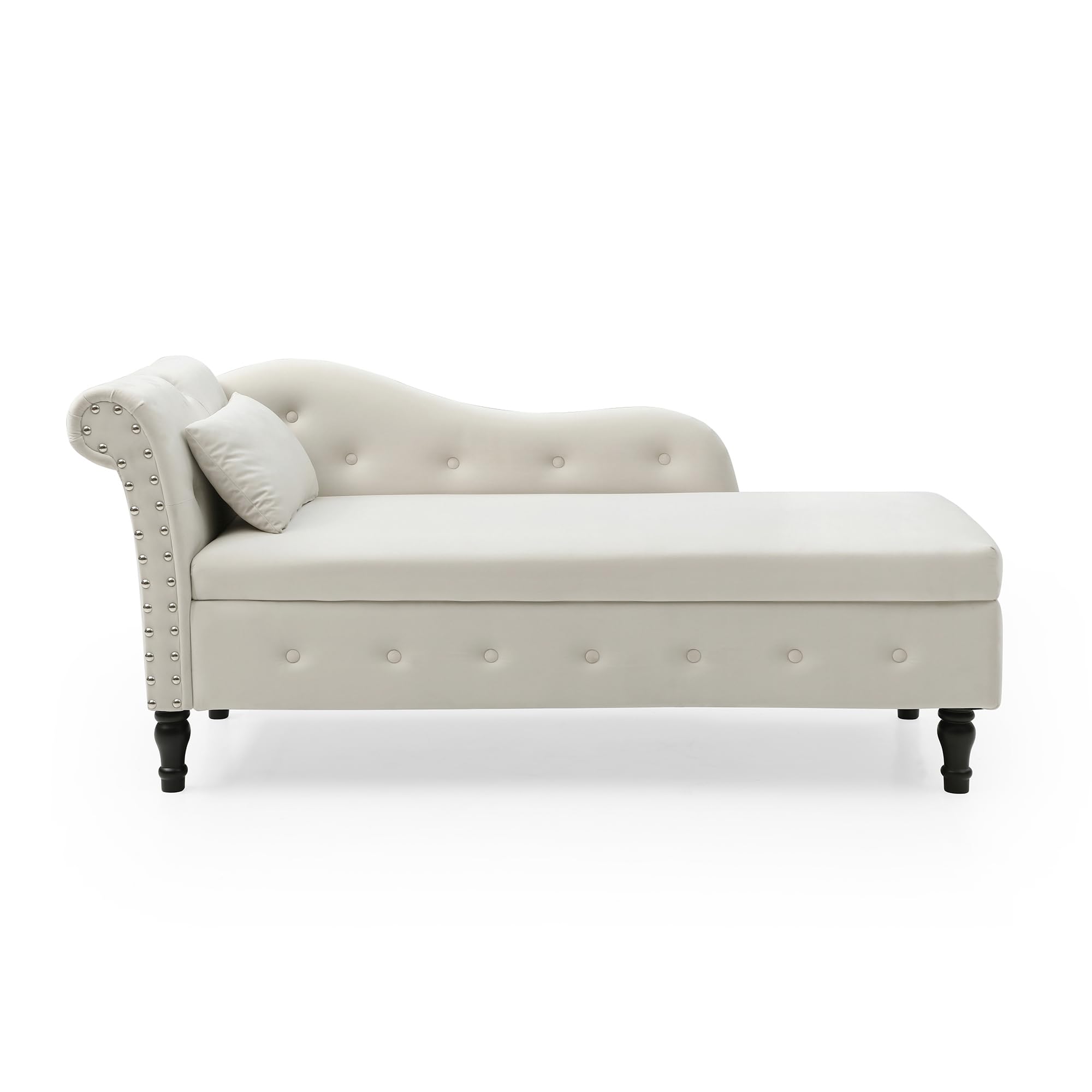 Holaki Velvet Storage Chaise Lounge - Tufted End of Bed Bench with Pillow, Nailhead Trim & Solid Wood Legs | Modern Sleeper Sofa Couch for Living Room, Bedroom & Dorm (Beige) - Perfect for Small Spaces, Guest Seating & Extra Storage