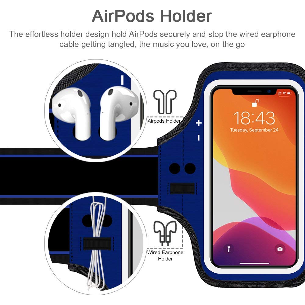 JEMACHE iPhone 16/15/14/13/12 Pro Armband with AirPods Holder - Adjustable Running Arm Band for Gym Workouts & Fitness - Navy Blue - Perfect for Jogging, Cycling & Outdoor Sports