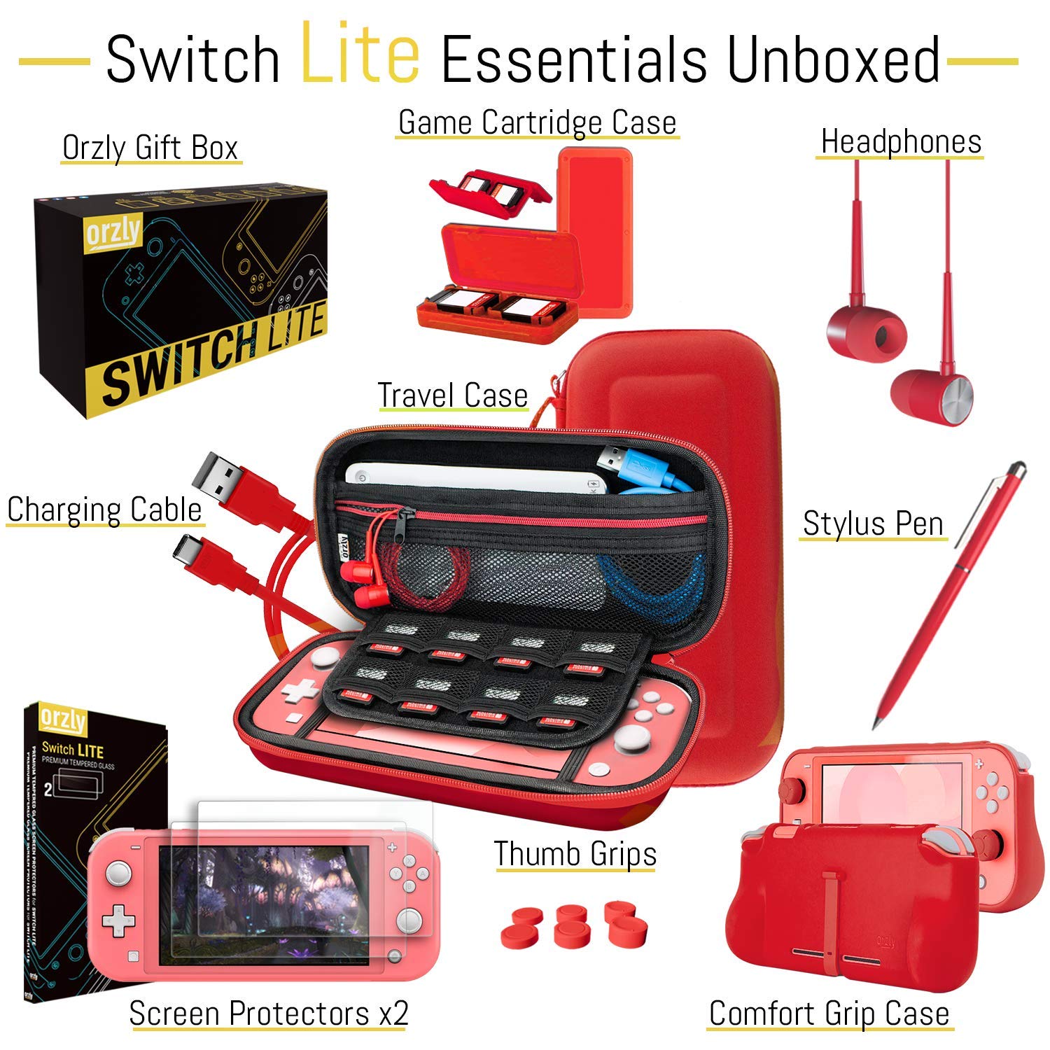 Orzly Switch Lite Accessories Bundle - Protective Case, Tempered Glass Screen Protector, USB Charging Cable, Game Card Holder, Comfort Grip & Thumb Grips for Nintendo Switch Lite (Red) - Perfect for Gaming On-The-Go & Travel Protection