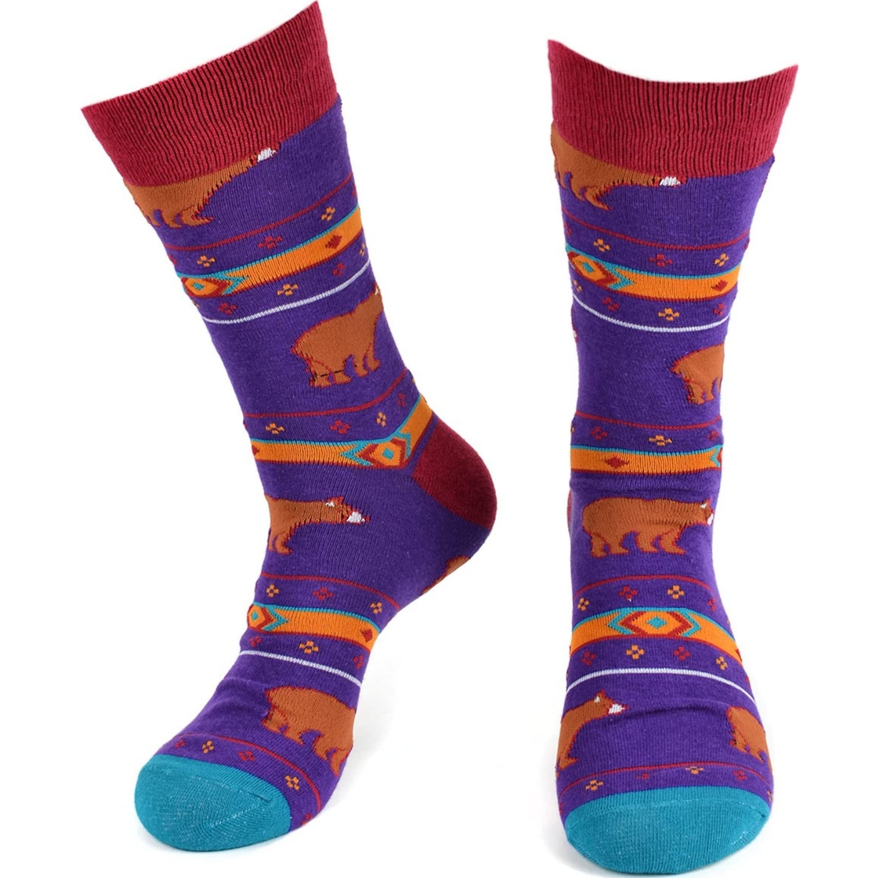 Men's Aztec Bear Pattern Novelty Crew Socks - Purple | Fun & Mysterious Design | Perfect for Casual Wear, Gifts & Costume Parties