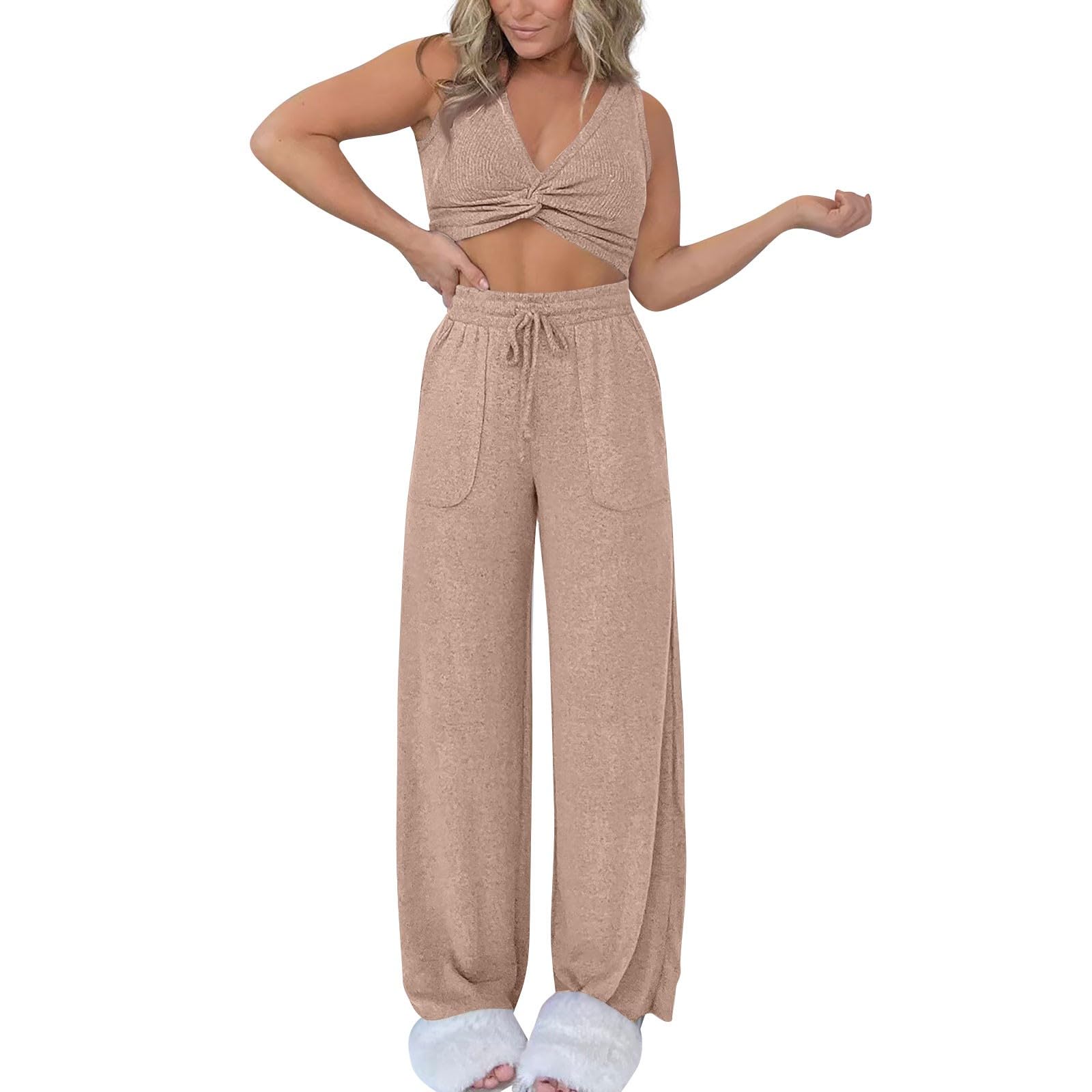 Women's 2-Piece Summer Outfits - Soft Linen Lounge Matching Set with Crop Top & Pants | Casual Comfort Wear for Home, Beach & Vacation | 2024 Fashion Trend