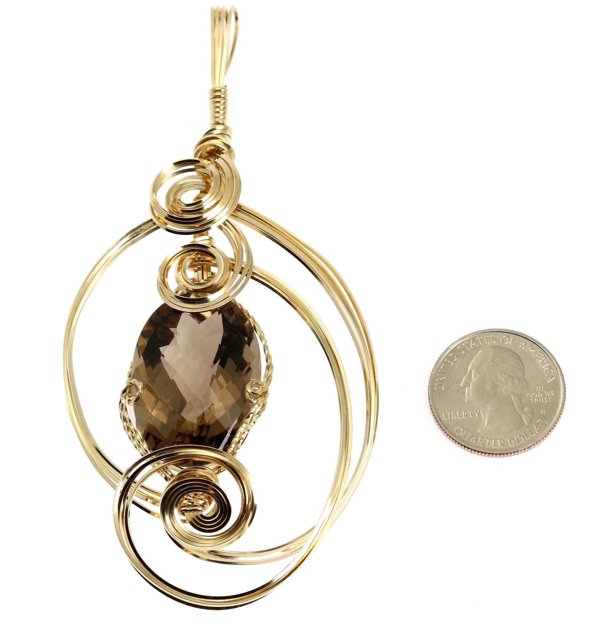 65 CT Smoky Quartz 14K Gold Filled Wire Wrapped Pendant Necklace - Elegant Handmade Jewelry for Women, Perfect for Gifts, Weddings & Special Occasions