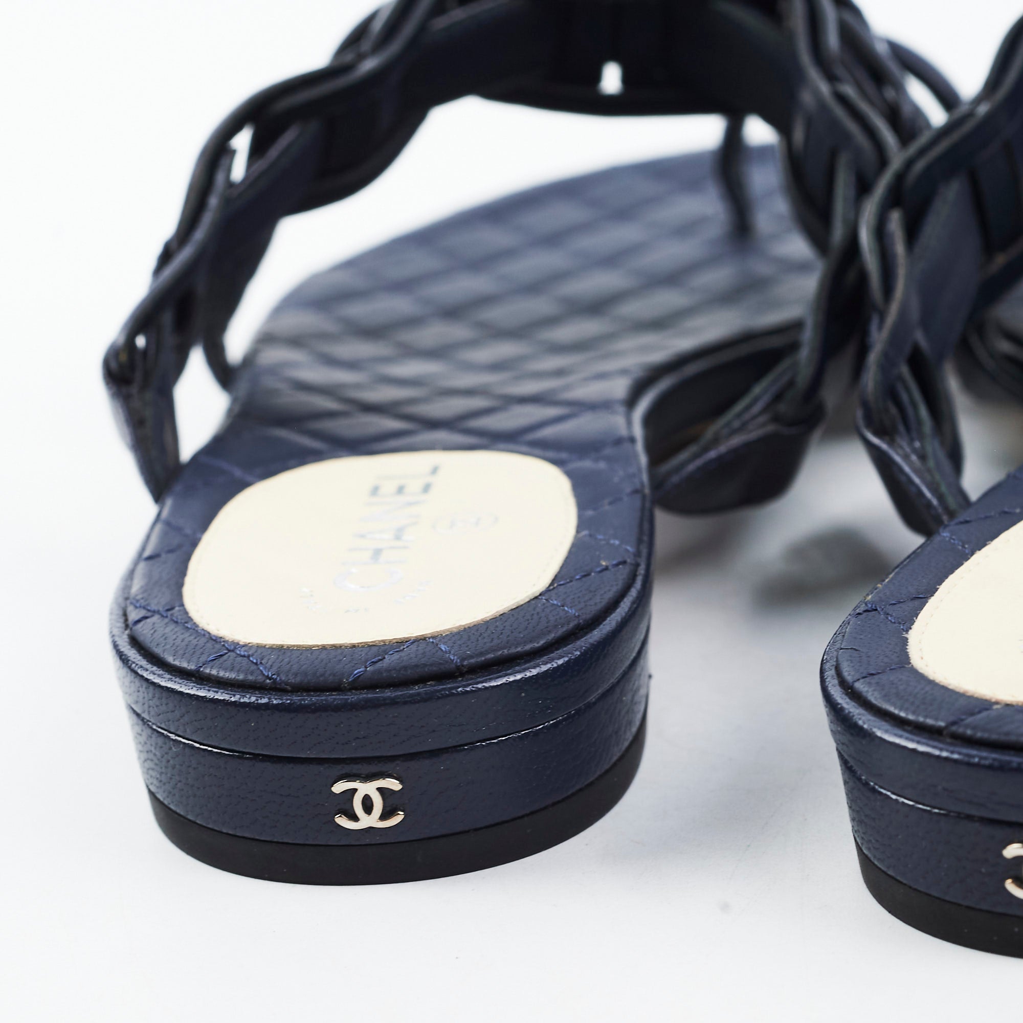 Chanel Navy Blue Leather Sandals Size 36 - Women's Luxury Designer Shoes for Summer Beach & Vacation Outfits