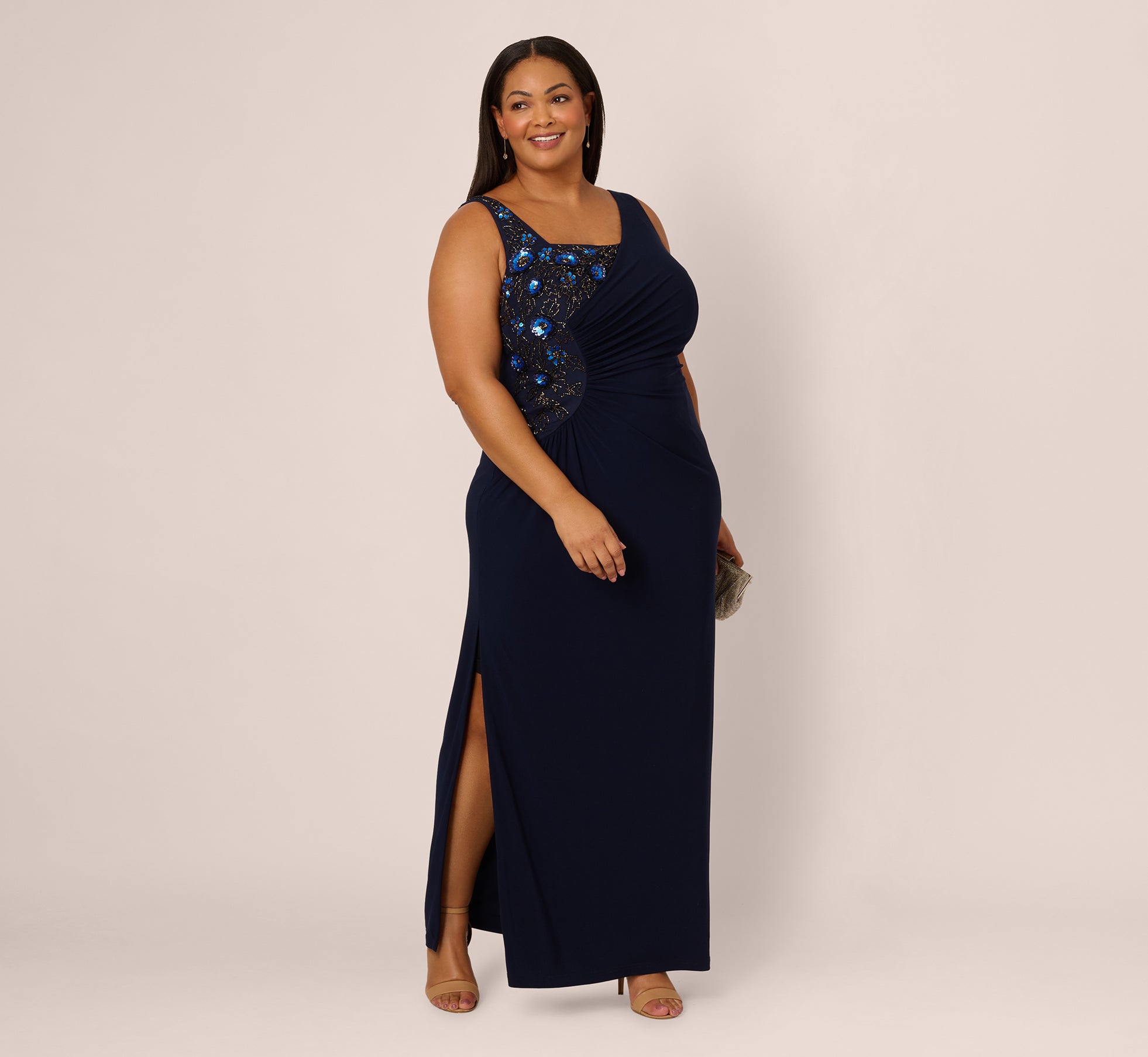 Elegant Plus Size Sleeveless Asymmetrical Floral Beaded Jersey Gown in Midnight Multi - Perfect for Evening Parties, Weddings & Special Occasions