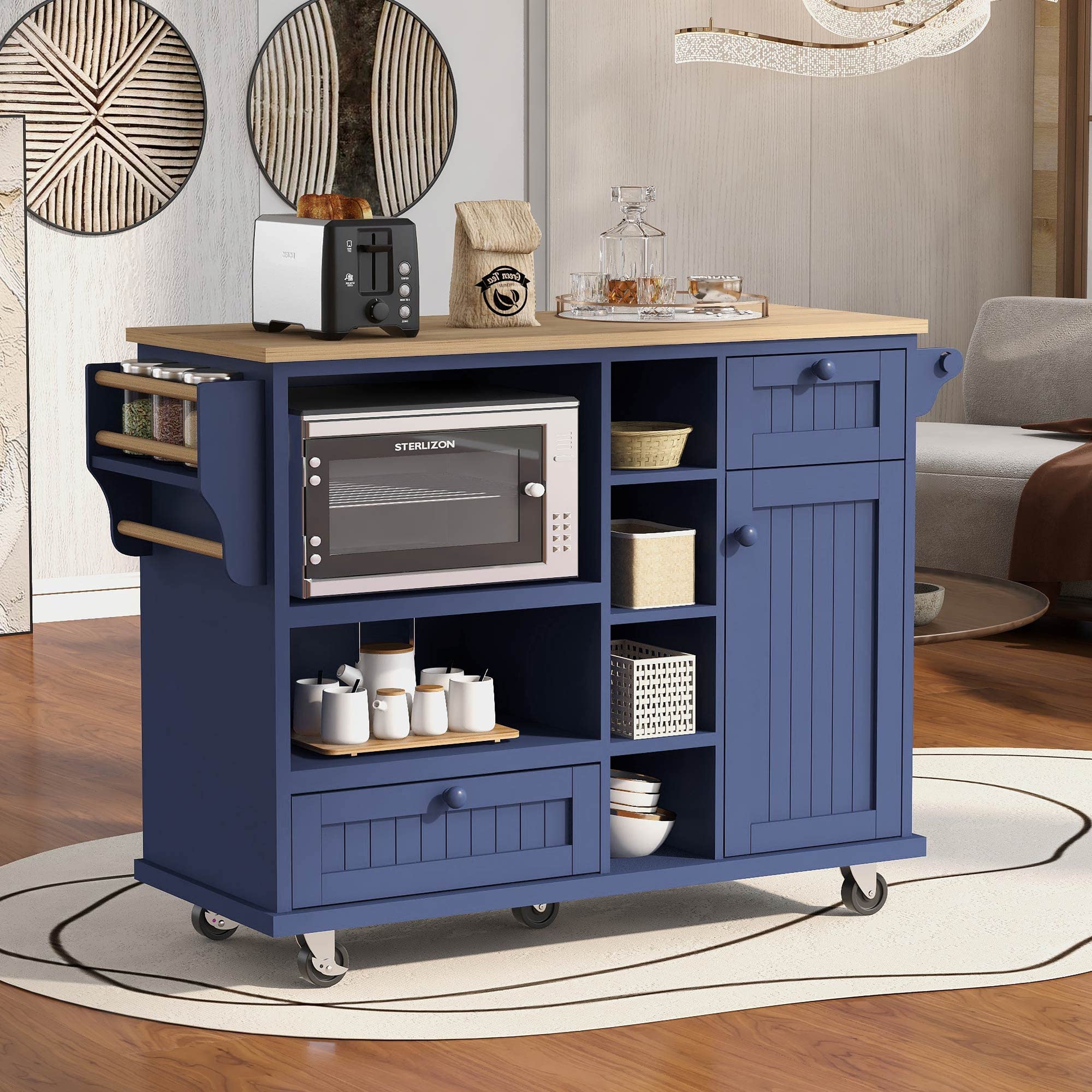 Solid Wood Kitchen Island Cart with Storage Cabinet & Microwave Shelf - Mobile Kitchen Cart for Dining Room, Living Room - Perfect for Small Spaces & Entertaining (Dark Blue)