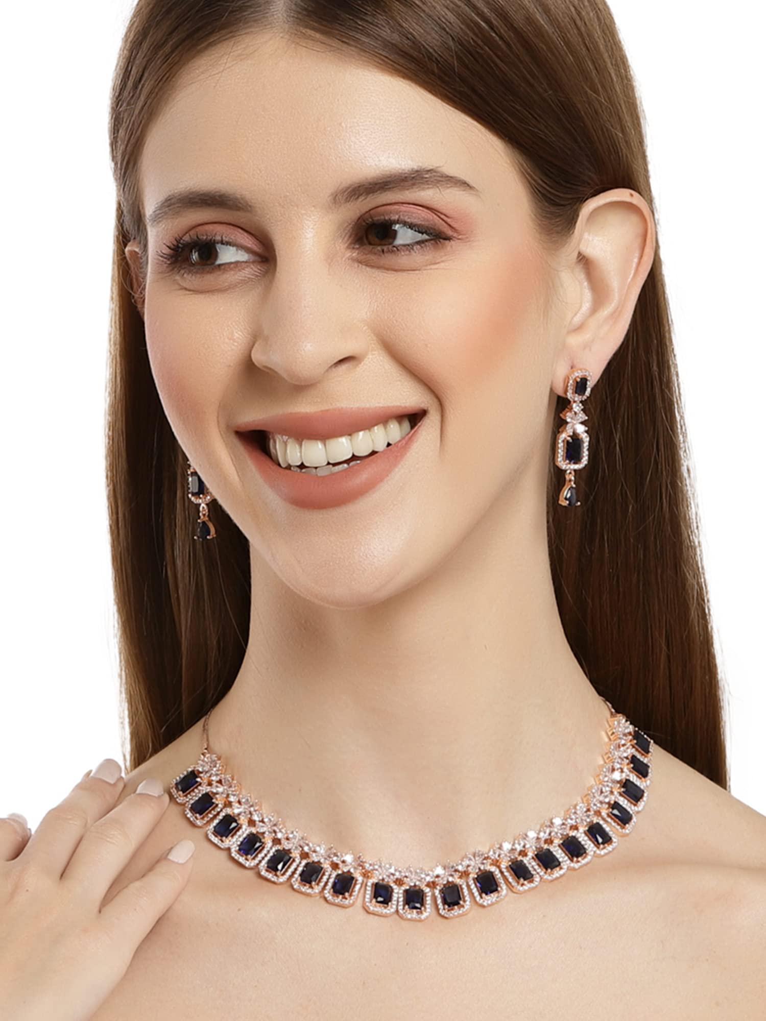 Rose Gold Plated Blue AD Necklace Set for Women - Elegant Jewelry Gift for Her, Birthday, Anniversary & Special Occasions