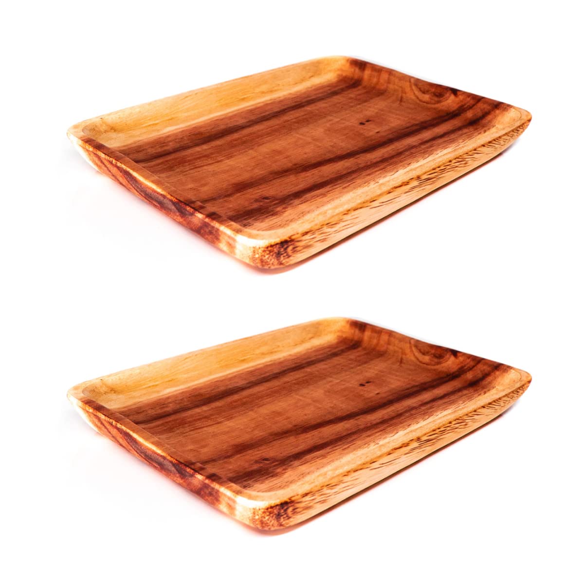 Handmade Rectangle Acacia Wood Serving Plates (2-Pack) - Rustic Wooden Bowls for Appetizers, Snacks & Desserts - Natural Acacia Wood Serveware for Daily Meals, Parties & Holidays - Eco-Friendly Kitchenware for Entertaining, Family Dinners & Special Occasions