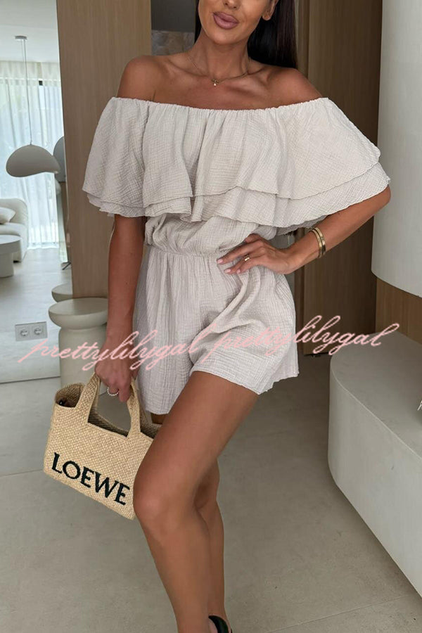 Solid Color Off Shoulder Ruffled Casual Waist Rompers for Women - Summer Beach Party Outfit & Vacation Jumpsuit