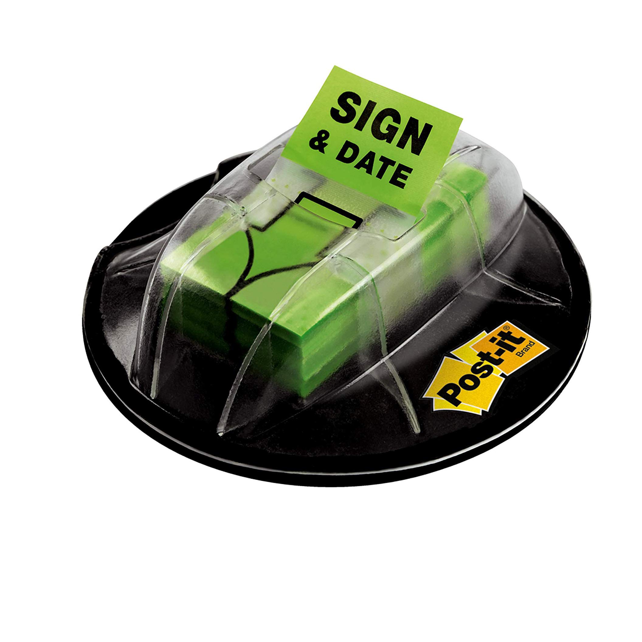 Post-it Sign and Date Message Flags - 1-Inch Wide Bright Green Sticky Notes (200 Flags with Desk Grip Dispenser) for Office Organization, Document Marking & Study Notes