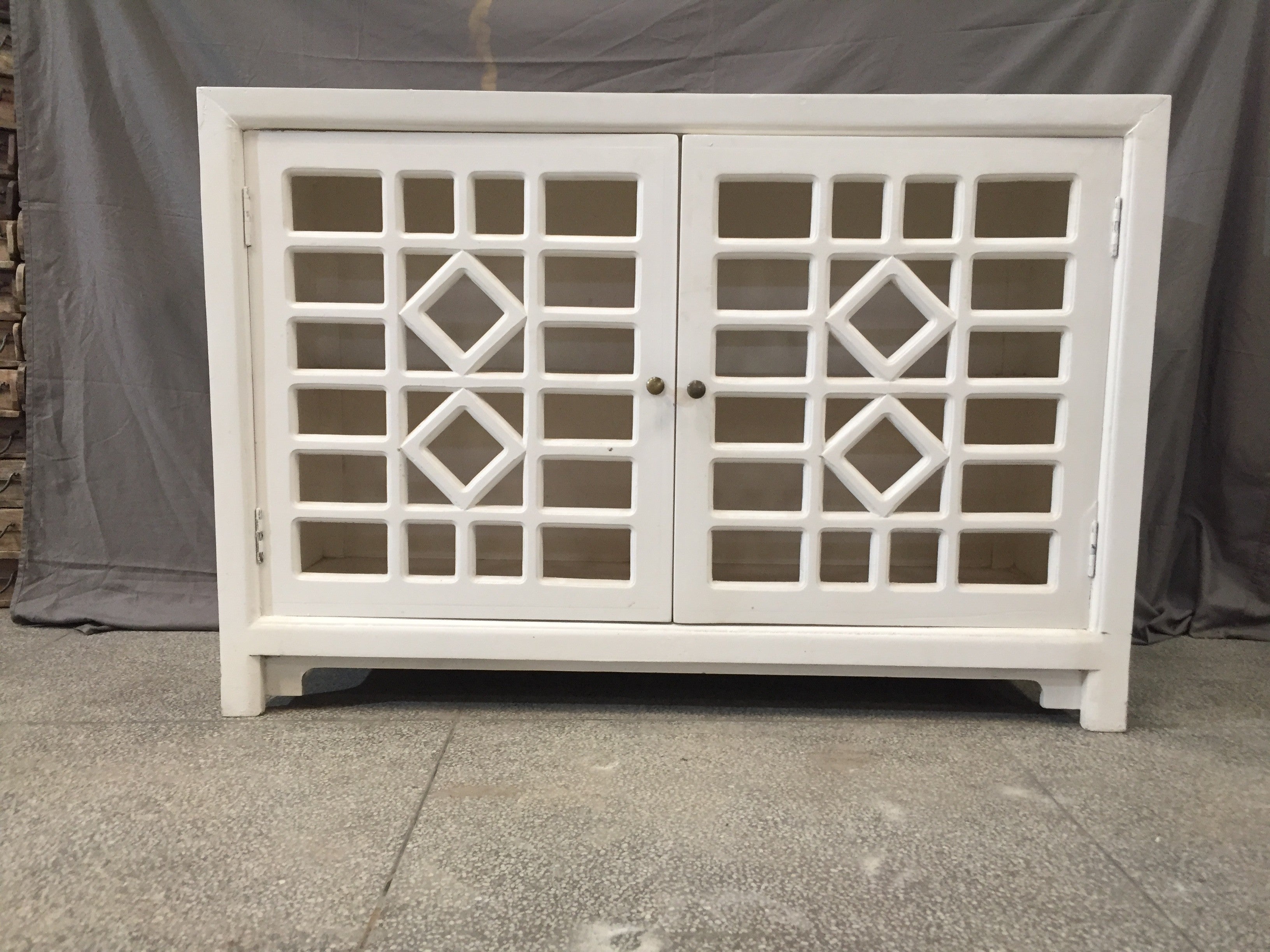 Hand Carved Indian Solid Wood Sideboard Jali Cabinet White - Vintage Boho Home Decor for Living Room, Dining Room & Entryway Storage