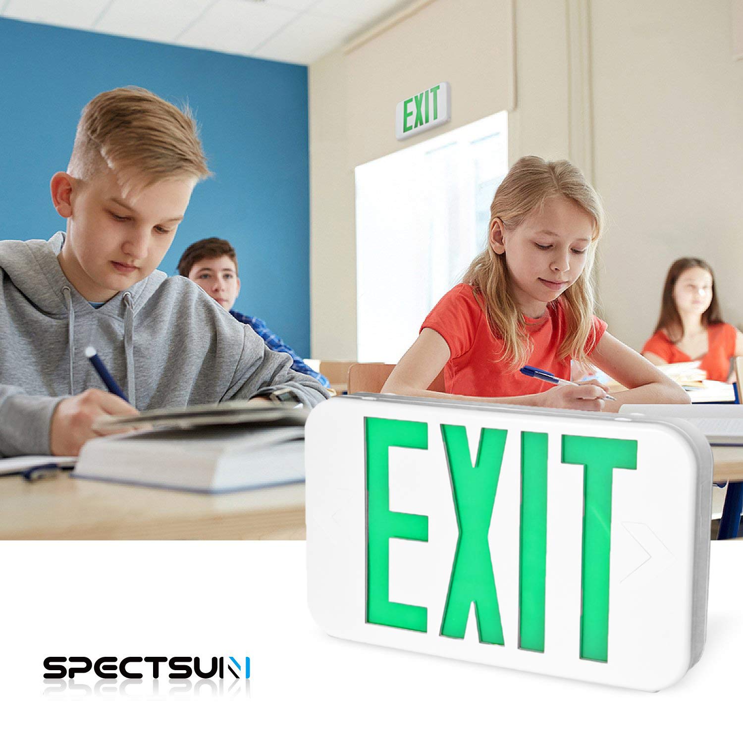 SPECTSUN 6-Pack LED Exit Sign with Battery Backup - Green Emergency Exit Light, 120V/277V Hardwired Combo with Arrow, Wall/Ceiling Mount Fire Safety Sign - Perfect for Offices, Schools, and Commercial Buildings