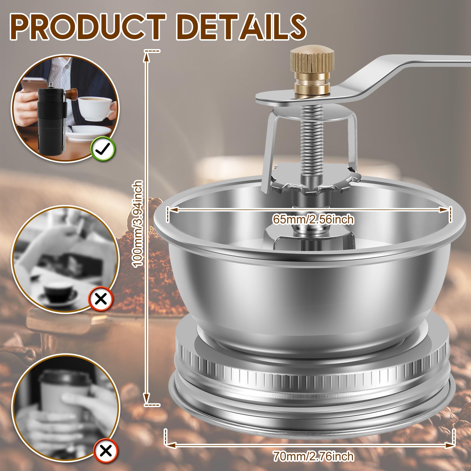 Premium Manual Coffee Grinder for Mason Jars - Stainless Steel Wide Mouth Mason Jar Coffee Grinder with Crank Handle, Detachable Bean Grinder for Camping, Travel & Home Brewing (70mm) - Perfect for Fresh Coffee On-The-Go