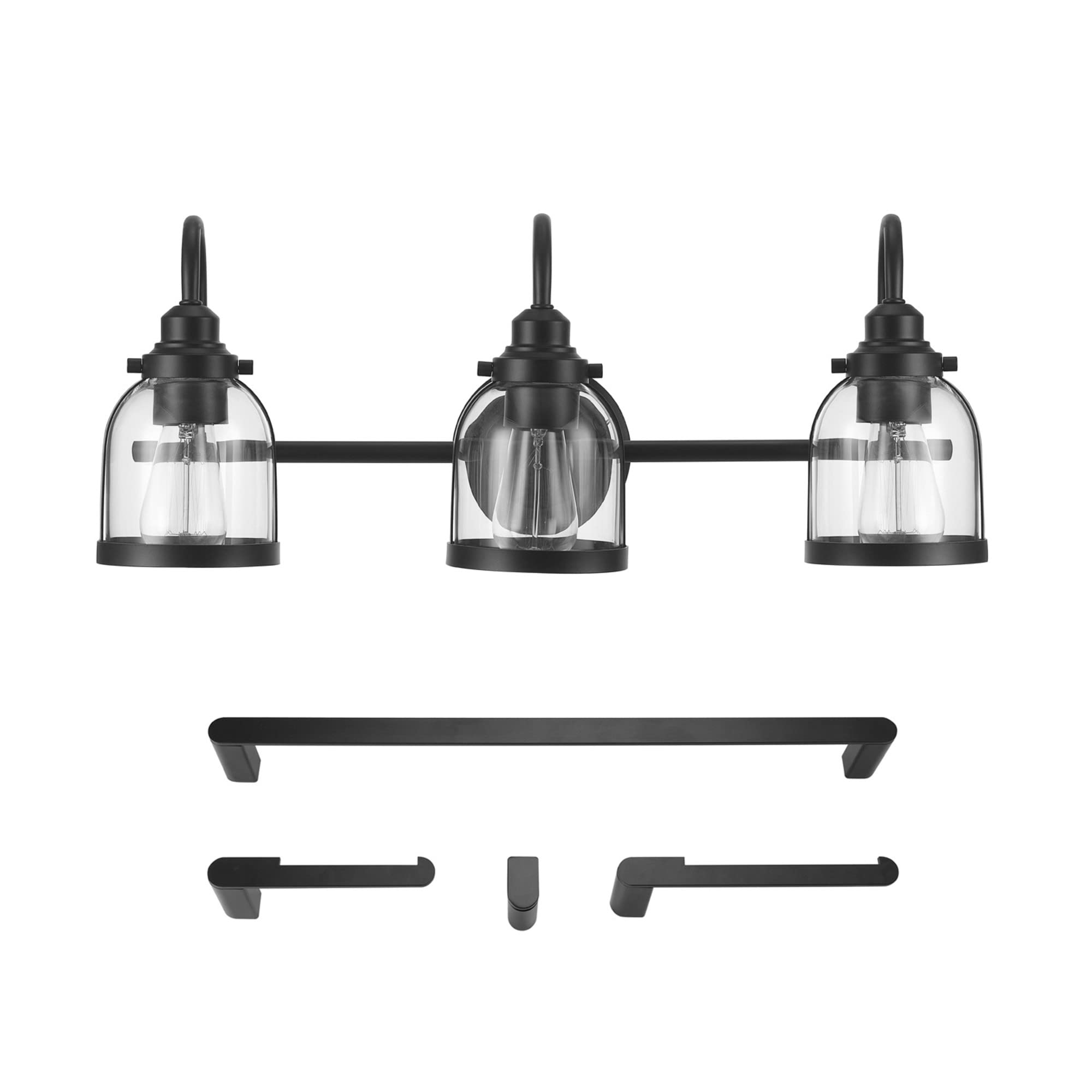 Globe Electric 52064 Devonport 5-Piece Bathroom Set - Matte Black Finish with 3-Light Vanity, Clear Glass Shades, Towel Bar, Ring, Robe Hook & Toilet Paper Holder | Modern Bathroom Lighting & Accessories for Home Renovation & Spa-Style Decor