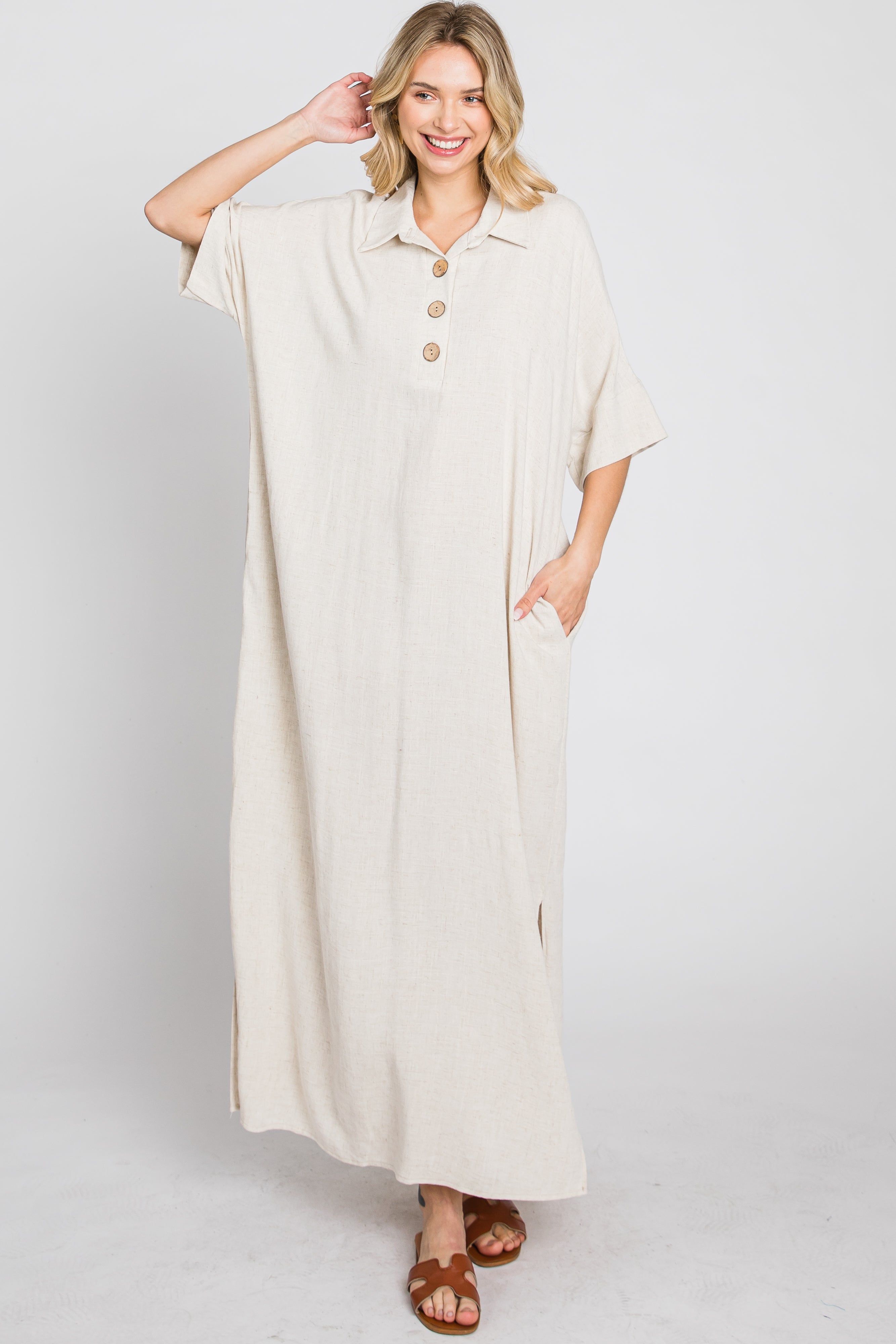 Beige Collared Linen Maxi Dress for Women - Summer Casual Long Dress with V-Neck & Pockets - Perfect for Beach, Vacation & Boho Style Outfits