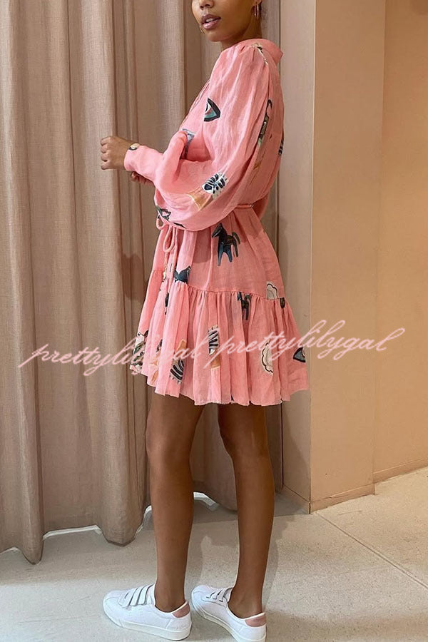 Unique Print Single Breasted Balloon Sleeve Tie Waist Ruffled Mini Dress - Elegant Party & Date Night Outfit for Women