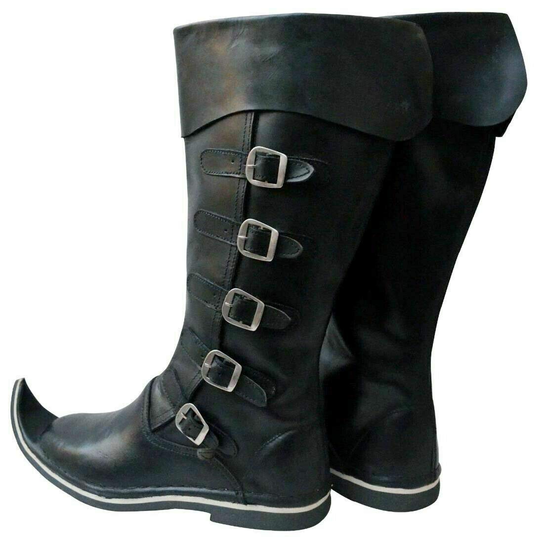 AnNafi 5 Buckle Medieval Leather Boots for Men - Renaissance Pirate Costume Boots, Halloween Cowboy Boots in Black (Large) - Perfect for LARP, Cosplay, and Historical Reenactments