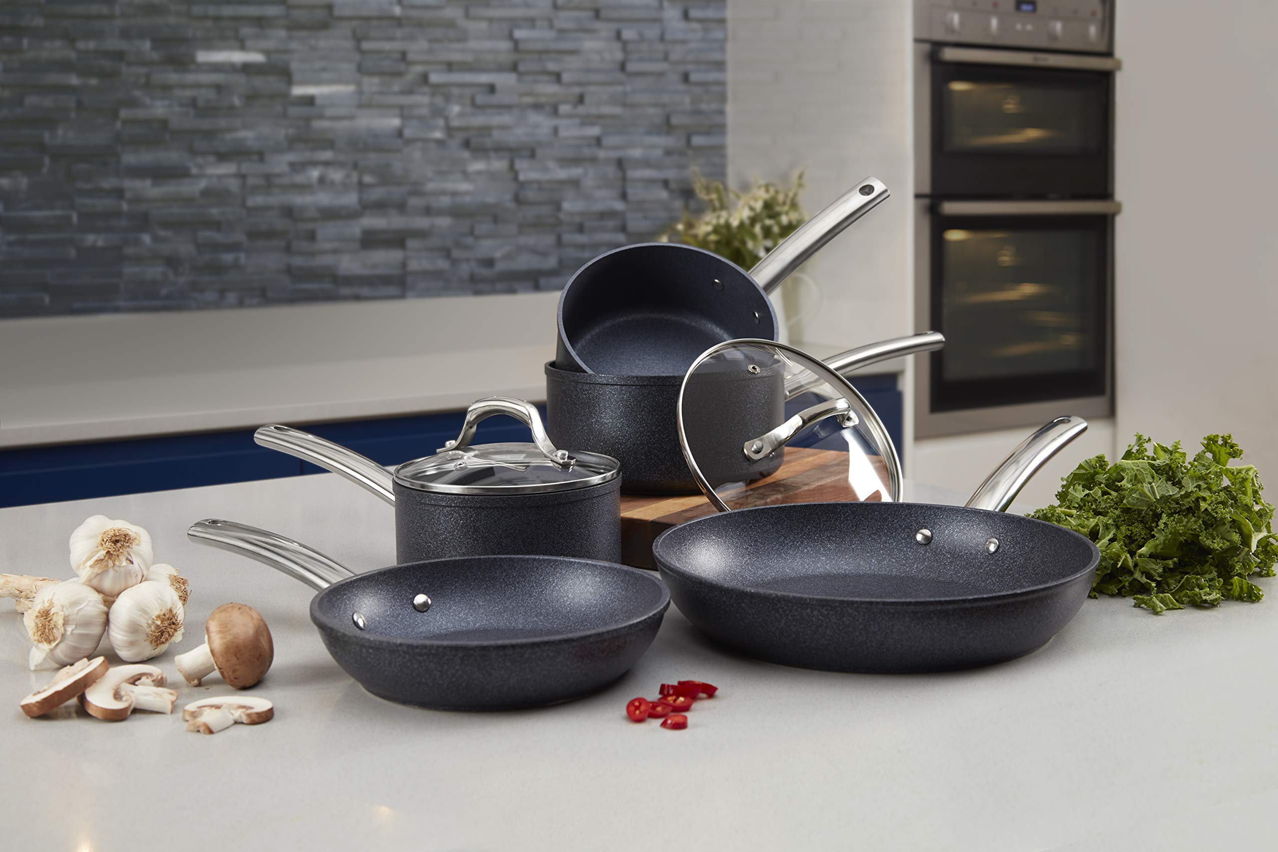 Trustone Non-Stick Frying Pan and Saucepan Set - 5 Piece Aluminum Cookware with Easy Clean Coating - Violet Black Kitchen Essentials for Sauteing, Frying & Cooking Pasta