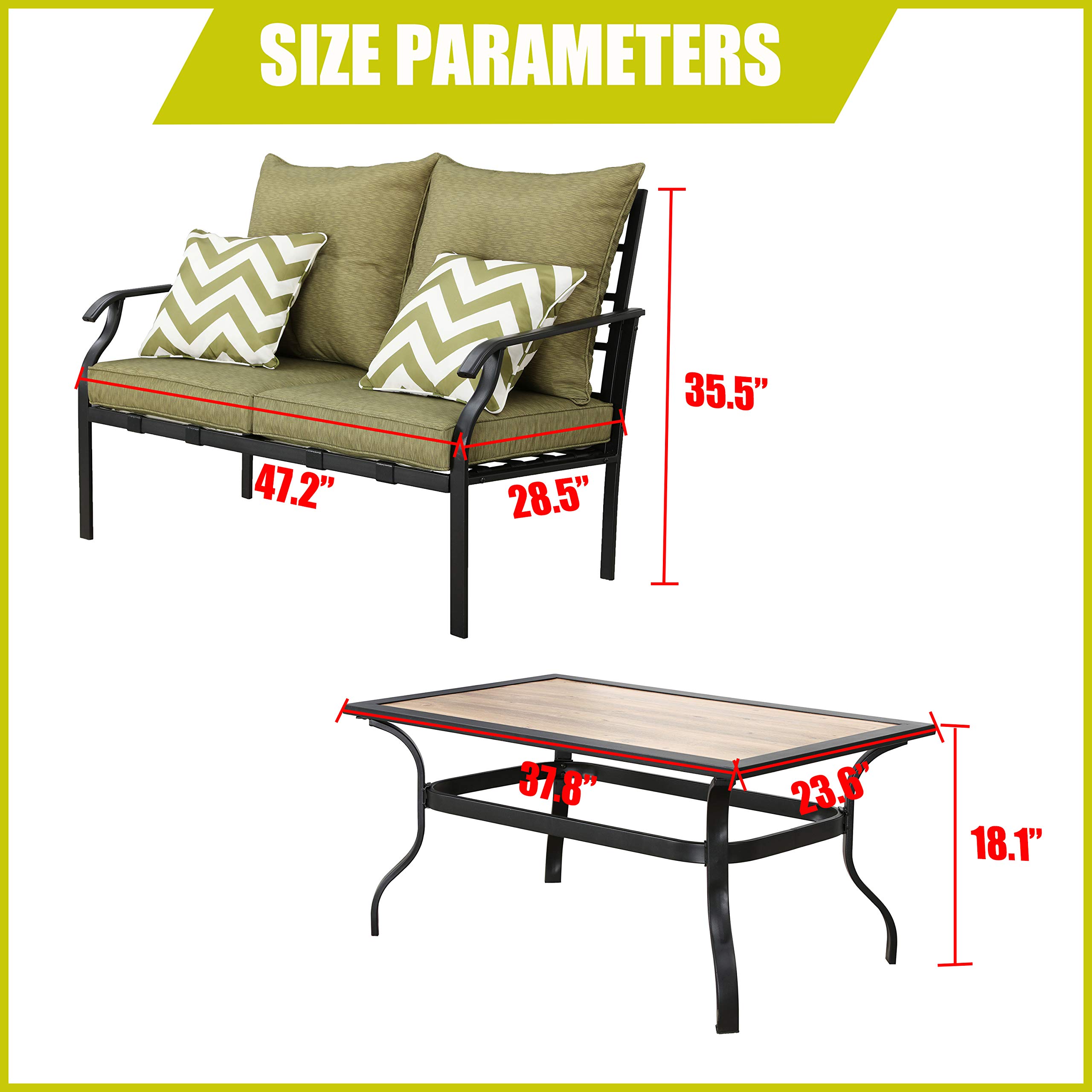 LOKATSE HOME 2-Piece Outdoor Loveseat Set with Cushions & Coffee Table - Patio Bistro Metal Bench Conversation Furniture for Garden, Backyard, Deck (Green) | Perfect for Relaxing, Entertaining Guests & Outdoor Dining