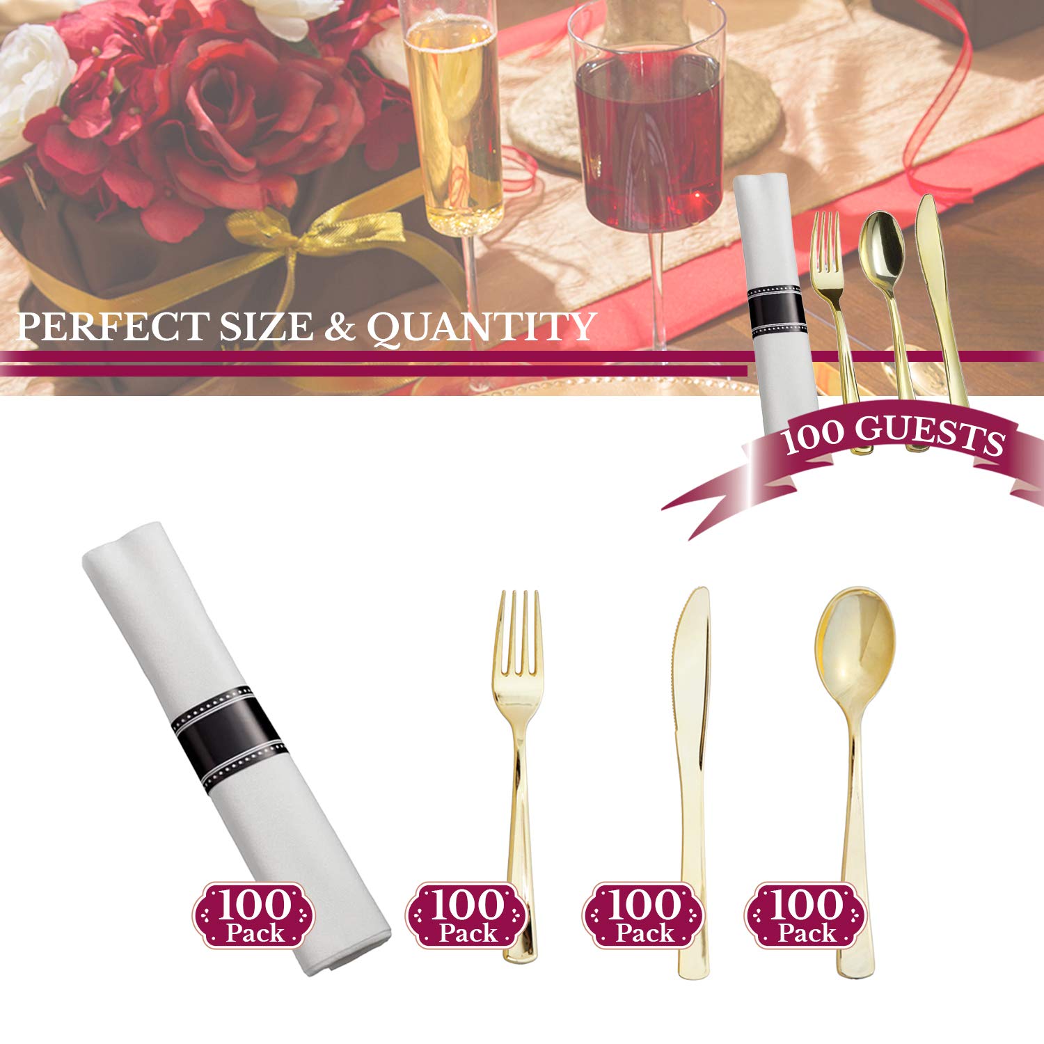 Premium Disposable Plastic Silverware Set - Elegant Gold Cutlery with Pre-Rolled Napkins (Forks, Spoons, Knives) - Bulk Party Supplies for Wedding, Birthday, Catering & Special Events - Perfect for Outdoor Picnics, Office Lunches & Home Entertaining
