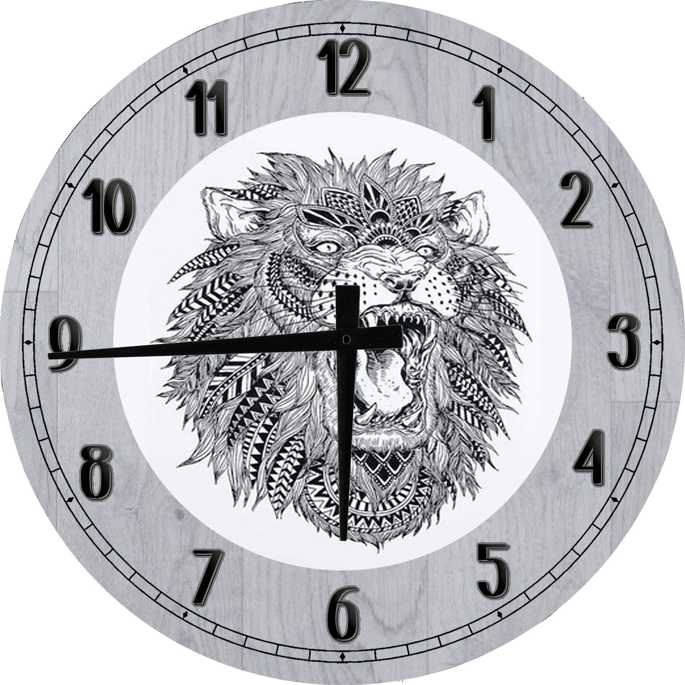 Boho Lion Grey Wall Art - Large 24 Inch Round Wall Clock for Bedroom Decor | Battery Operated Gray Clock | Perfect for Bohemian Home & Office Decor