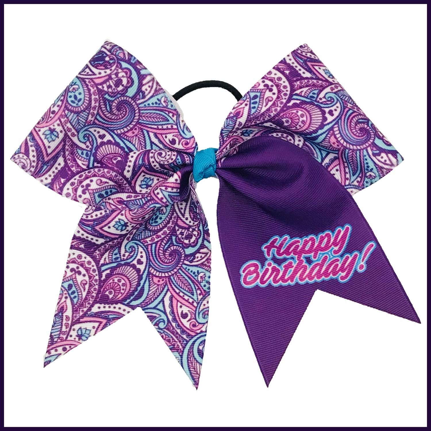 Happy Birthday Purple Paisley Cheer Bow for Ponytail - Perfect for Cheerleading, Dance Competitions & Birthday Parties