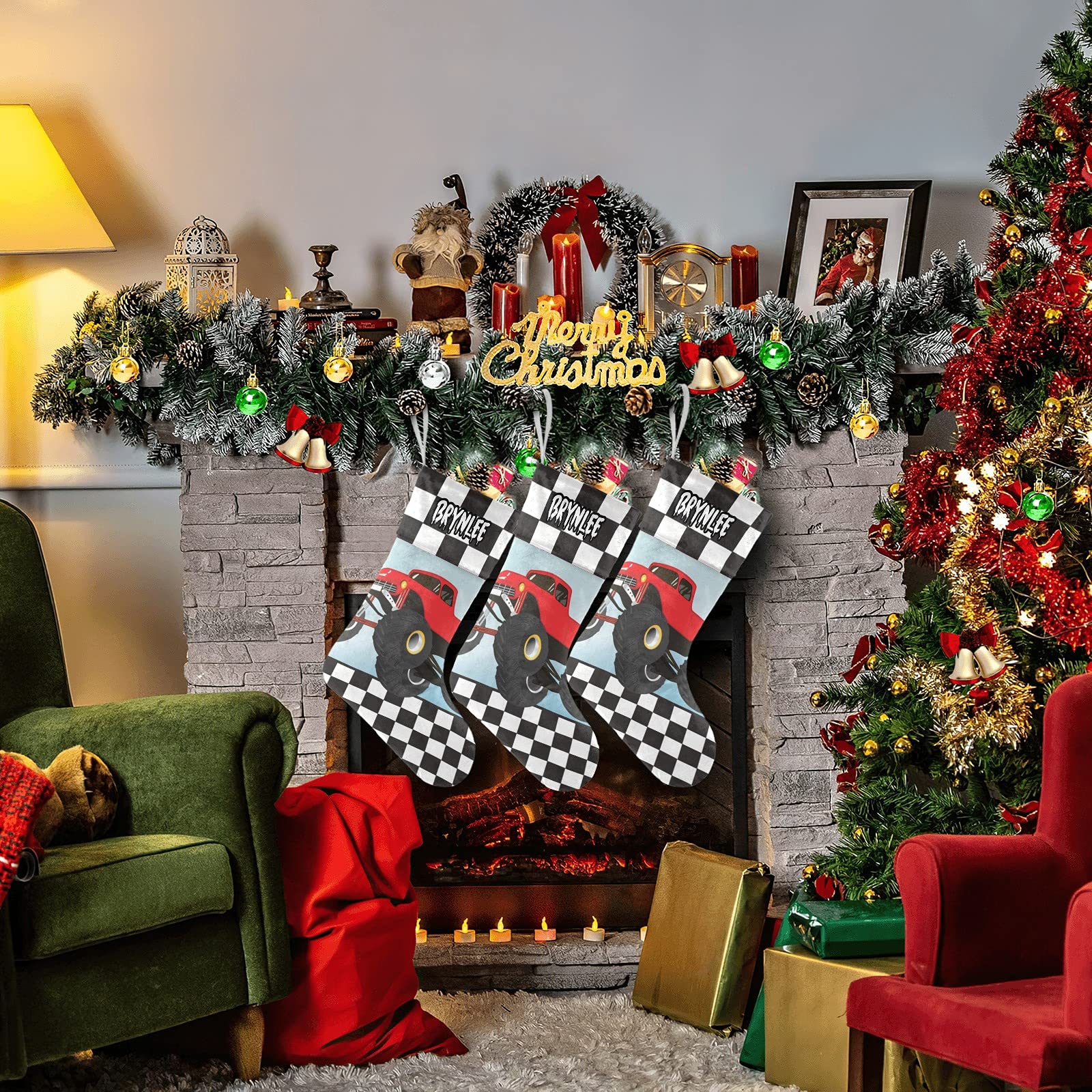 Custom Personalized Red Monster Truck Christmas Stockings with Name - Large Family Holiday Stocking for Adults, Kids, Baby & Pets - Perfect for Xmas Decorations & Gifts for Boys, Girls & Families