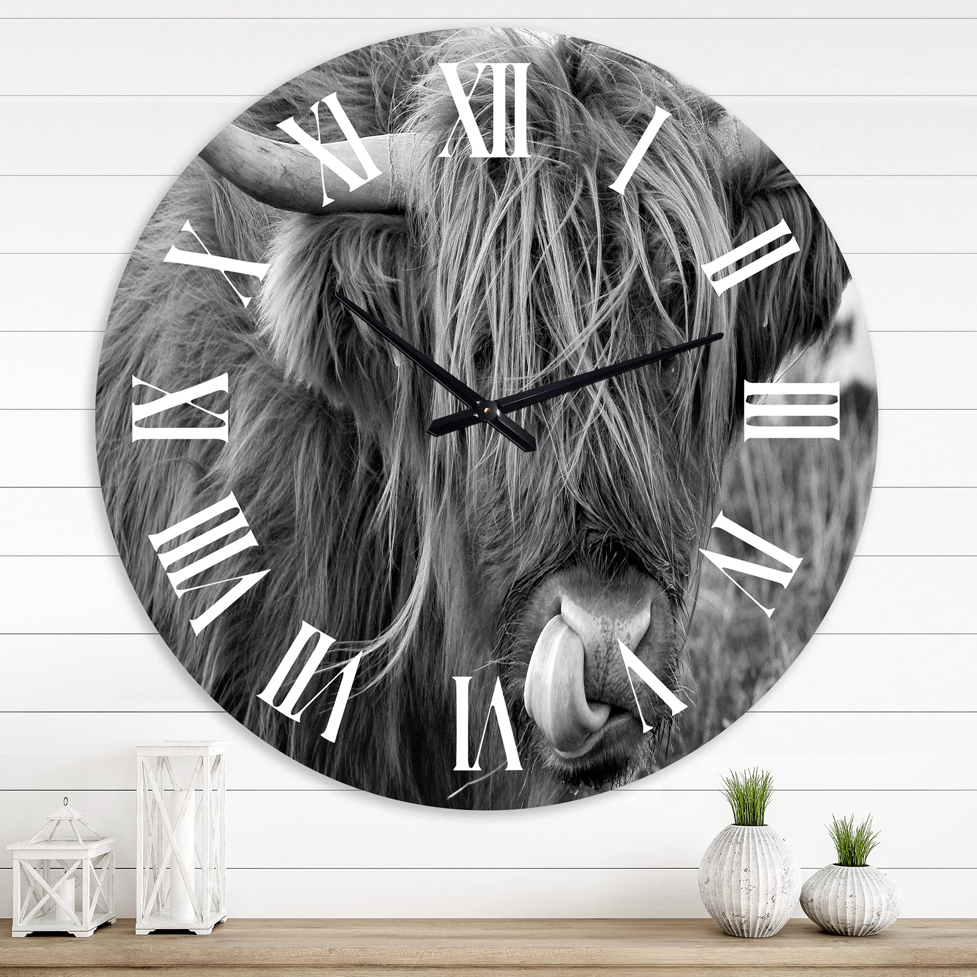 Farmhouse Wall Clock with Scottish Cow on Moorland - Large Animal Wall Clock for Kitchen, Living Room, and Office Decor | Rustic Home Décor & Unique Gift Idea