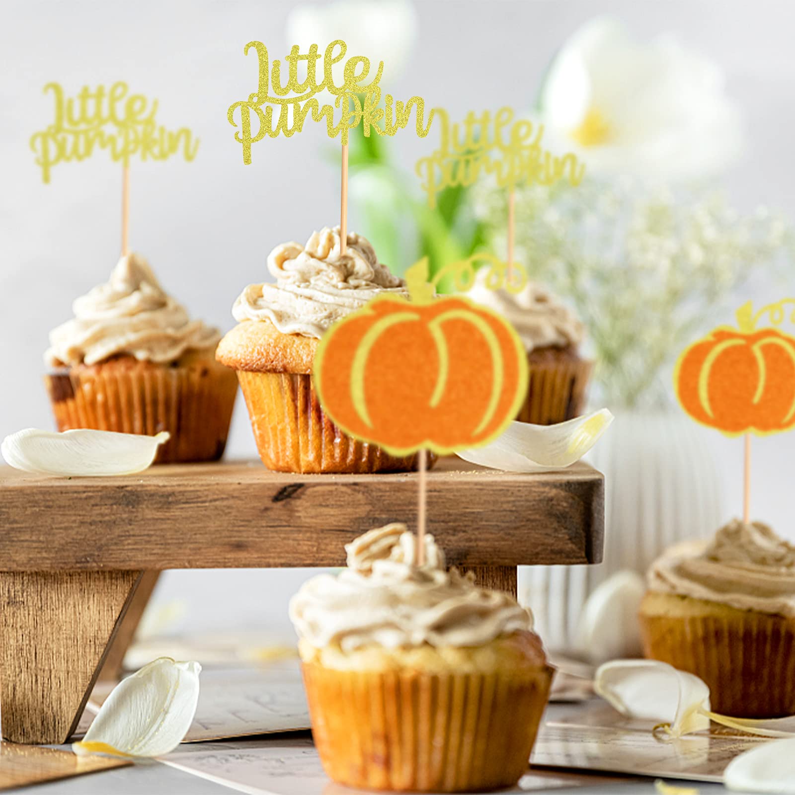 24 Pack Little Pumpkin Cupcake Toppers - Baby Shower & Birthday Party Decorations - Gender Reveal Cupcake Picks for Fall, Halloween, Thanksgiving & Autumn Celebrations