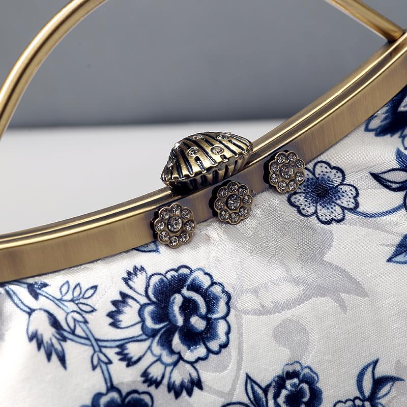 Elegant White and Blue Floral Top Handle Clutch Handbag for Women - Perfect for Weddings, Parties & Evening Events