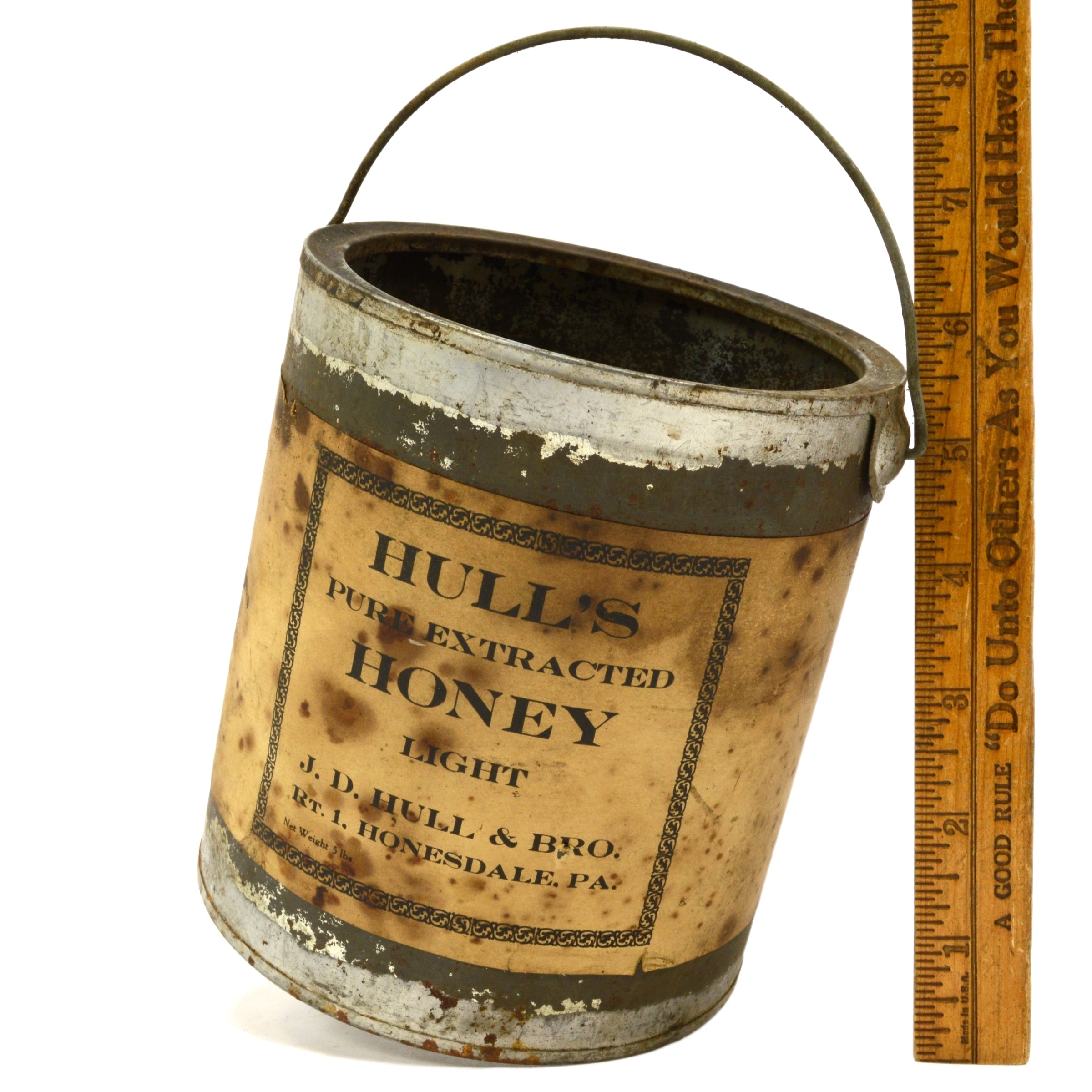 Vintage HULL'S PURE HONEY Rare Collectible Tin Can/Bucket by J.D. HULL & BRO - Honesdale, PA - Perfect for Home Decor, Gift Giving & Honey Storage