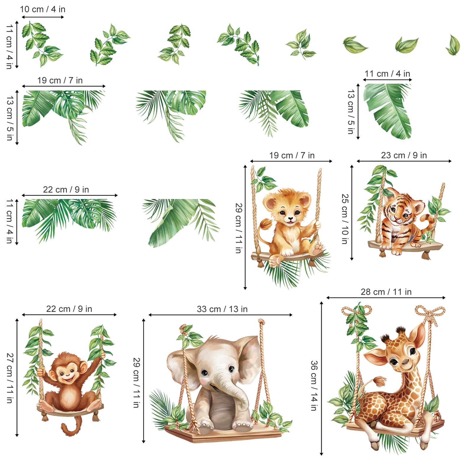 Wondever Jungle Animal Wall Stickers - Baby Lion, Elephant, Giraffe & Tropical Leaves Peel and Stick Decals for Nursery, Kids Bedroom & Living Room | Fun Jungle Theme Decor for Children's Rooms & Play Areas