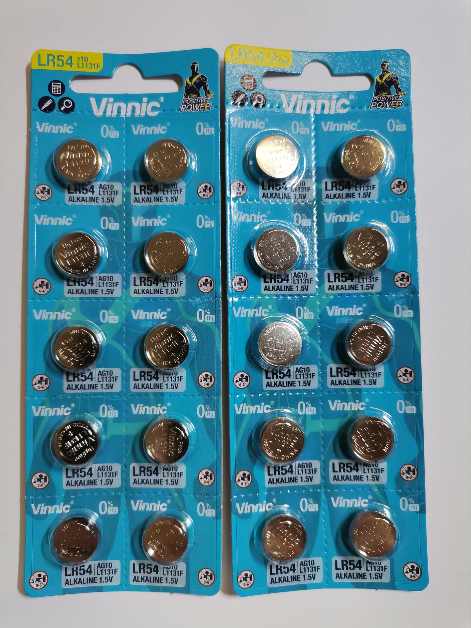 20 Pack VINNIC 1131F LR54 AG10 1.5V Alkaline Watch Batteries - Mercury-Free, Long-Lasting Power for Watches, Calculators, Toys & Medical Devices (2025 New)