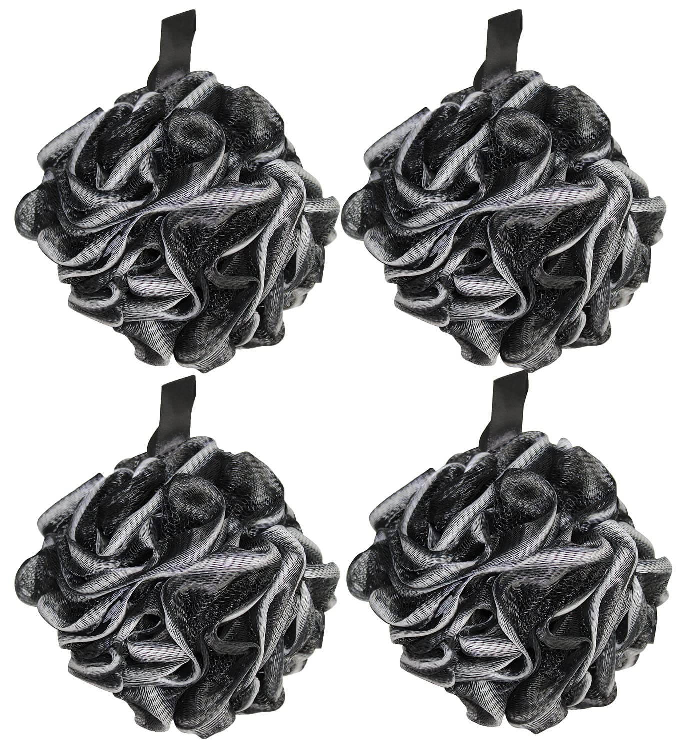Bodylife Exfoliating Bath & Shower Body Pouf Scrubber - 4 Pack (Black & White, 60g) for Smooth Skin - Perfect for Daily Exfoliation & Spa-Like Shower Experience