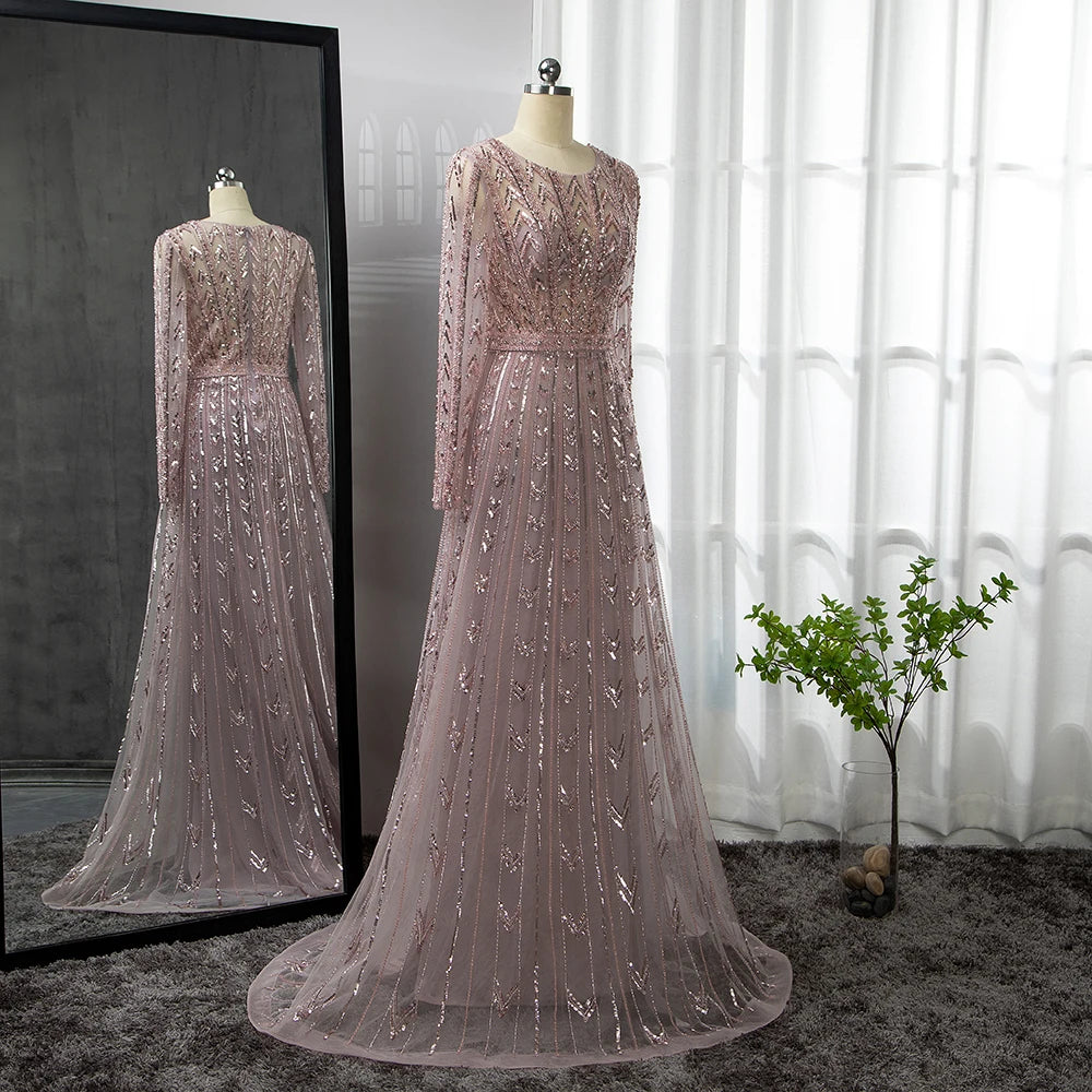 Elegant Pink Mermaid Evening Gown with Beaded Details - Long Sleeve O-Neck Formal Dress for Women - Perfect for Prom, Wedding Guest & Black Tie Events
