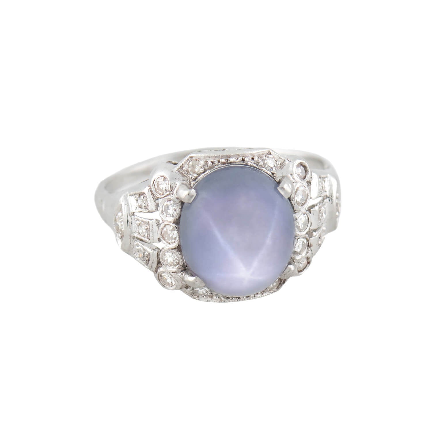 Art Deco Platinum 3.0ct Star Sapphire Cabochon & Diamond Vintage Engagement Ring for Women - Perfect for Weddings, Anniversaries & Special Occasions